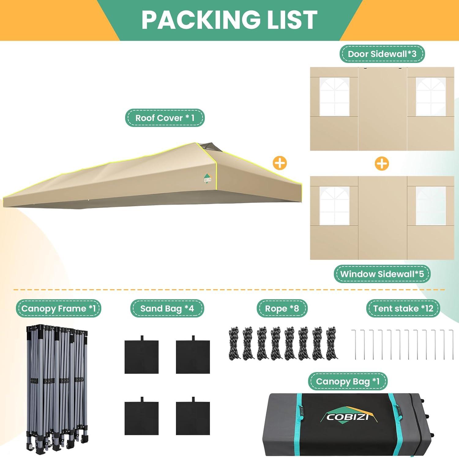 image:imageCOBIZI 10x10 Pop Up Canopy Tent Outdoor Party Tent with 4 Sidewall One Push Setup Glow 3 Adjustable Height Air Vent Waterproof UPF50 Bag 4 Sandbag 8 Stake 4 Rope for Beach CommercialKhaki