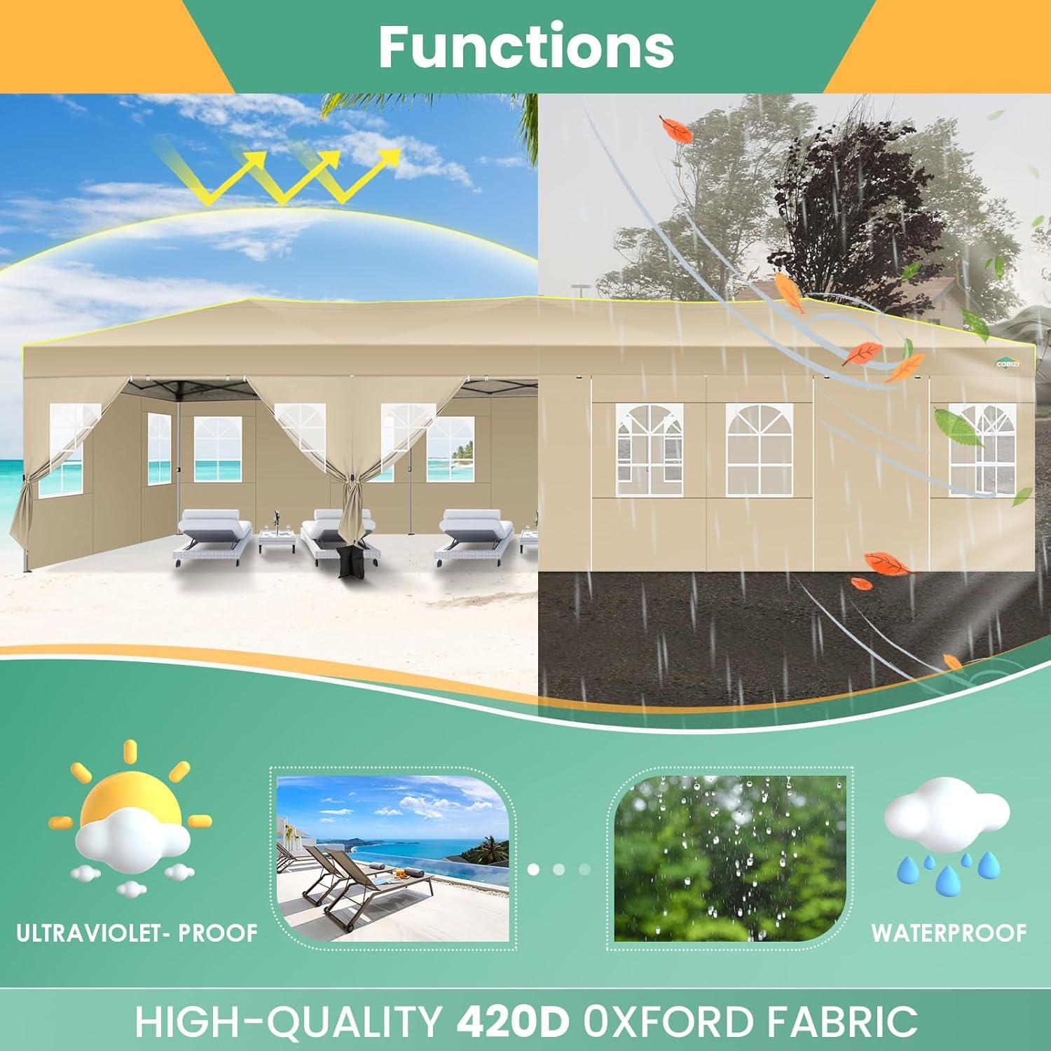 image:imageCOBIZI 10x10 Pop Up Canopy Tent Outdoor Party Tent with 4 Sidewall One Push Setup Glow 3 Adjustable Height Air Vent Waterproof UPF50 Bag 4 Sandbag 8 Stake 4 Rope for Beach CommercialKhaki
