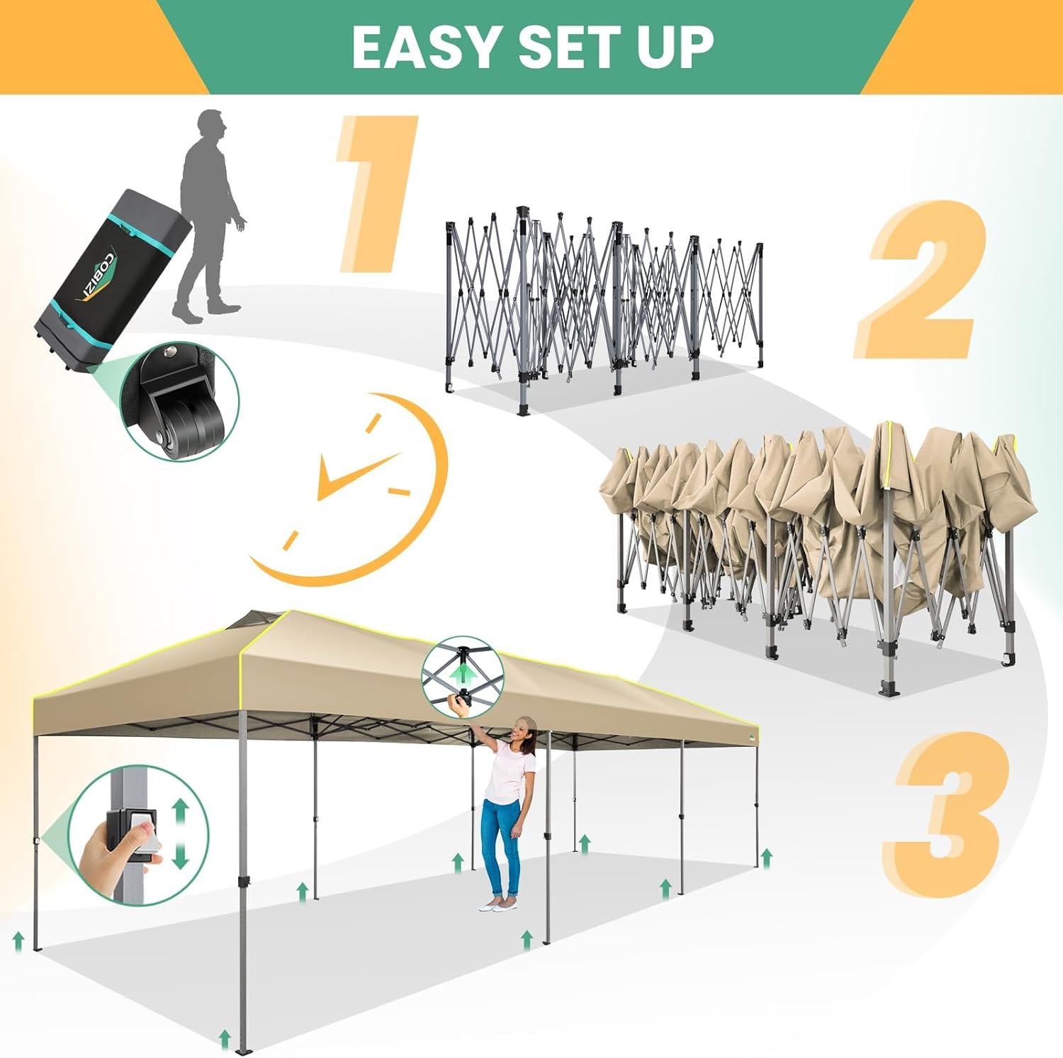 image:imageCOBIZI 10x10 Pop Up Canopy Tent Outdoor Party Tent with 4 Sidewall One Push Setup Glow 3 Adjustable Height Air Vent Waterproof UPF50 Bag 4 Sandbag 8 Stake 4 Rope for Beach CommercialKhaki