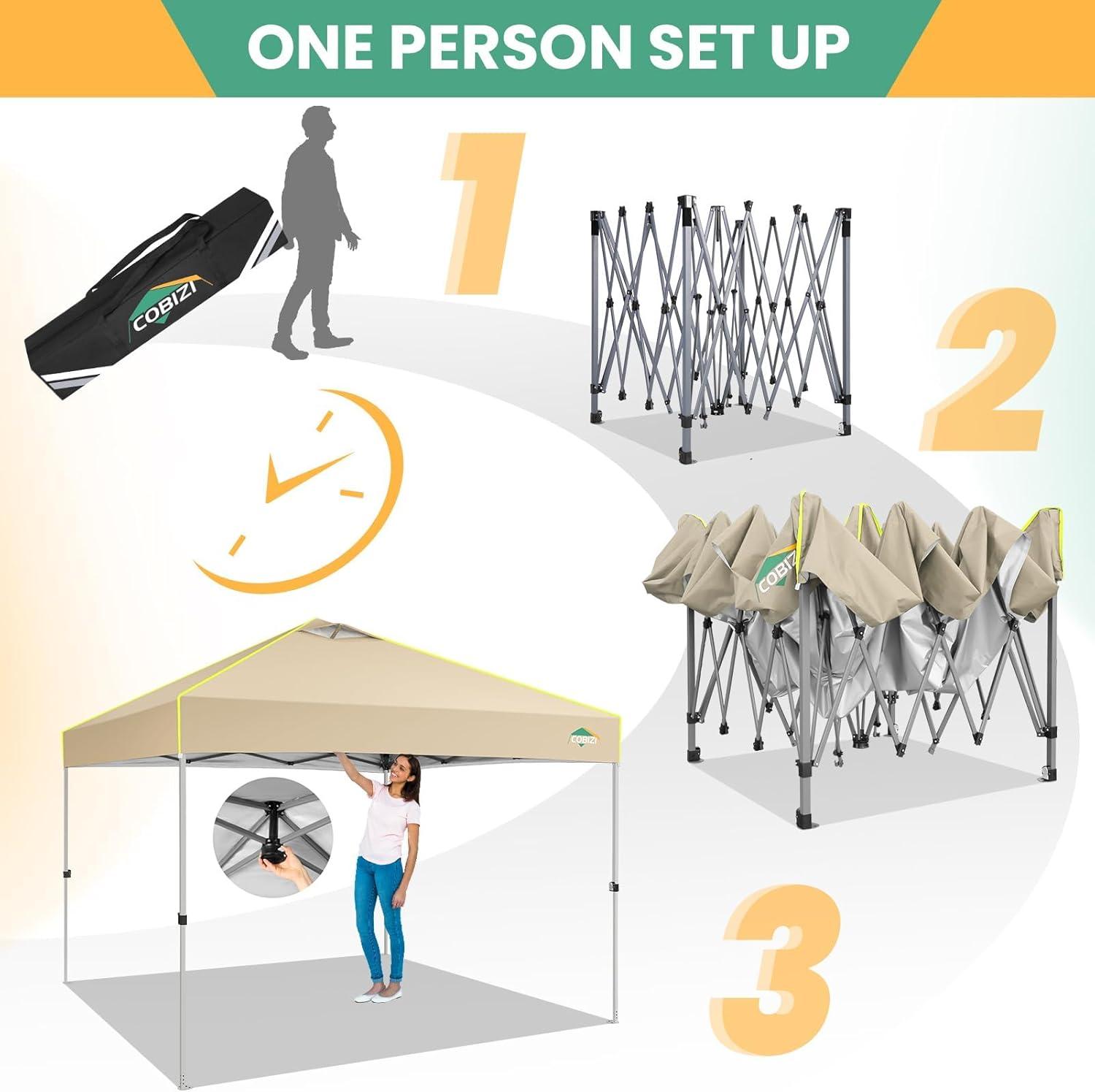image:imageCOBIZI 10x10 Pop Up Canopy Tent Outdoor Party Tent with 4 Sidewall One Push Setup Glow 3 Adjustable Height Air Vent Waterproof UPF50 Bag 4 Sandbag 8 Stake 4 Rope for Beach CommercialKhaki