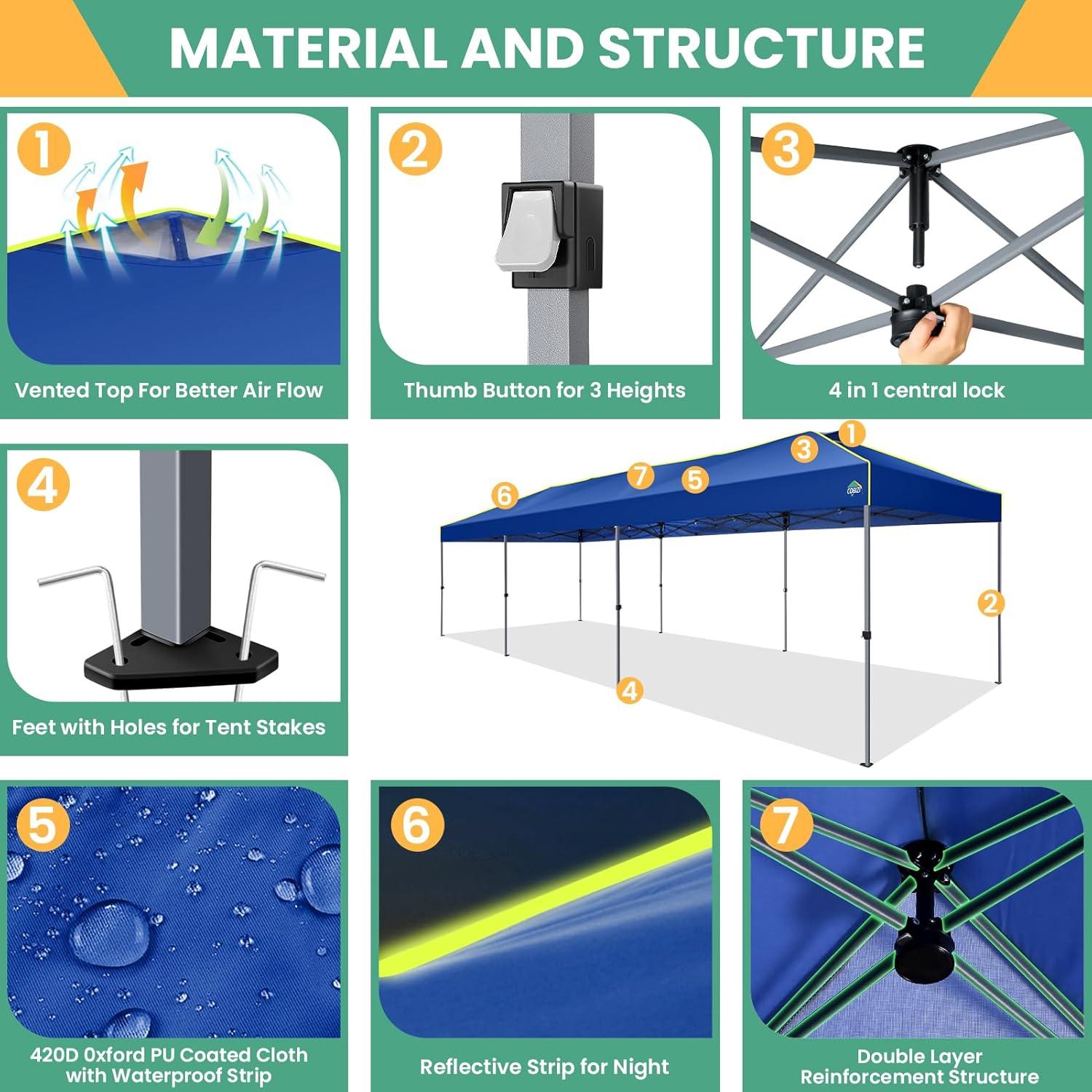 image:imageCOBIZI 10x10 Pop Up Canopy Tent Outdoor Party Tent with 4 Sidewall One Push Setup Glow 3 Adjustable Height Air Vent Waterproof UPF50 Bag 4 Sandbag 8 Stake 4 Rope for Beach CommercialNavy Blue
