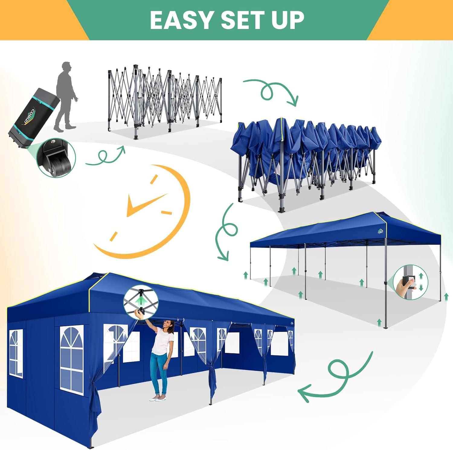 image:imageCOBIZI 10x10 Pop Up Canopy Tent Outdoor Party Tent with 4 Sidewall One Push Setup Glow 3 Adjustable Height Air Vent Waterproof UPF50 Bag 4 Sandbag 8 Stake 4 Rope for Beach CommercialNavy Blue