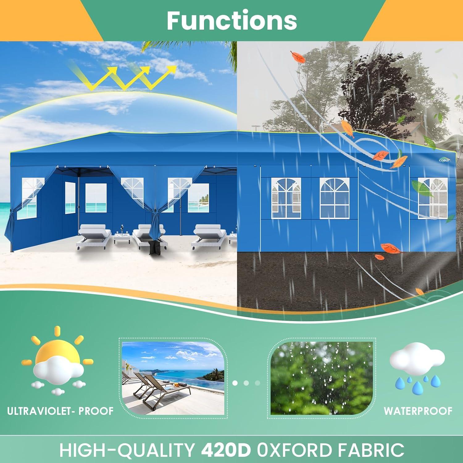 image:imageCOBIZI 10x10 Pop Up Canopy Tent Outdoor Party Tent with 4 Sidewall One Push Setup Glow 3 Adjustable Height Air Vent Waterproof UPF50 Bag 4 Sandbag 8 Stake 4 Rope for Beach CommercialBlue