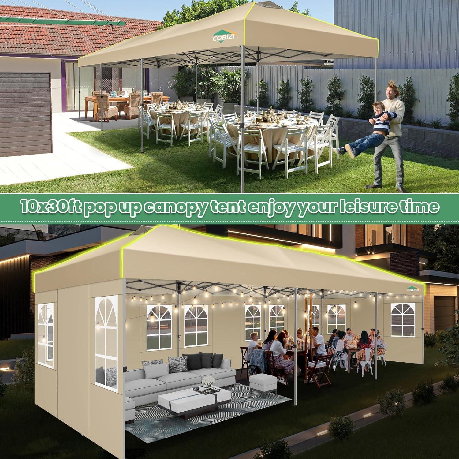 image:imageCOBIZI 10x10 Pop Up Canopy Tent Outdoor Party Tent with 4 Sidewall One Push Setup Glow 3 Adjustable Height Air Vent Waterproof UPF50 Bag 4 Sandbag 8 Stake 4 Rope for Beach CommercialKhaki