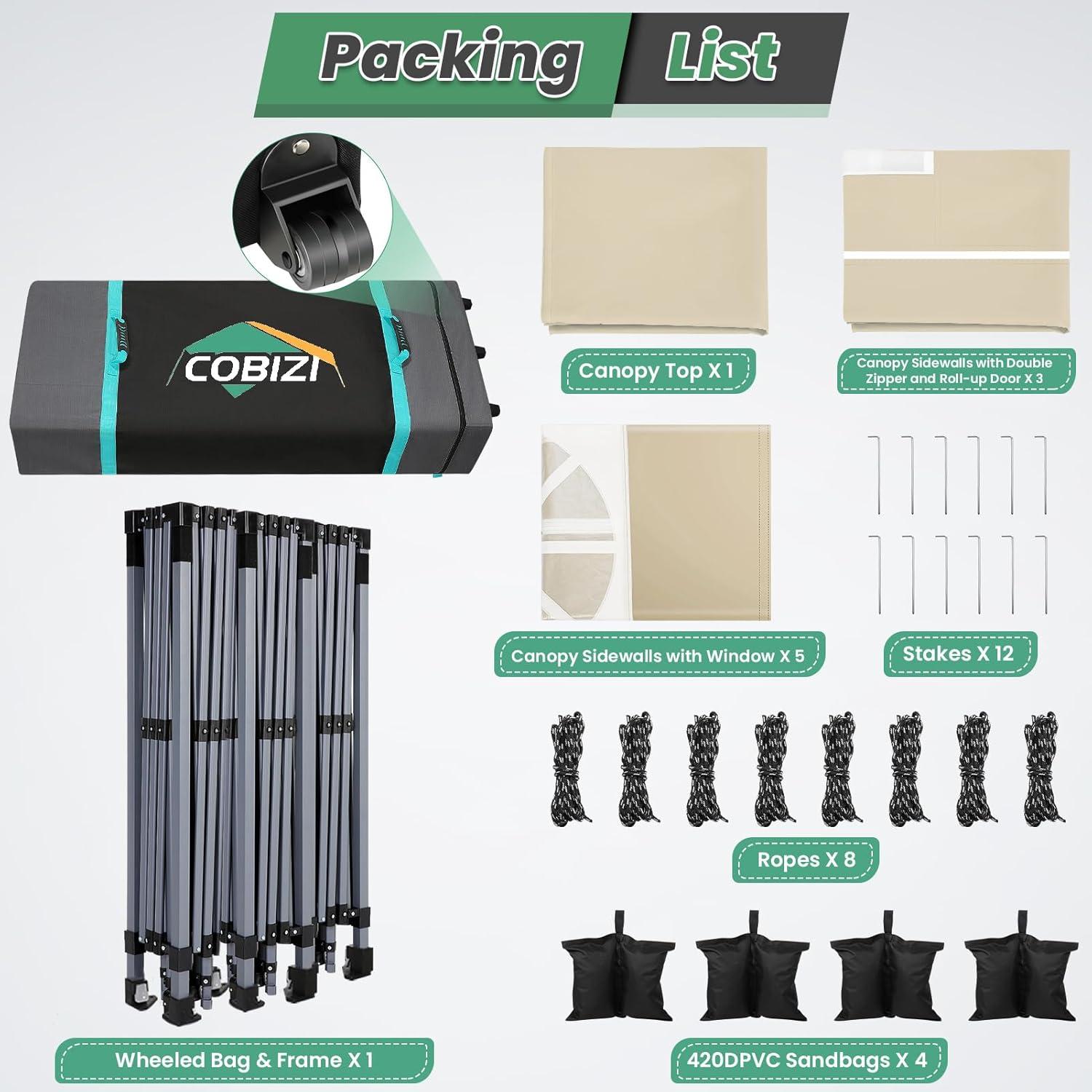 image:imageCOBIZI 10x10 Pop Up Canopy Tent Outdoor Party Tent with 4 Sidewall One Push Setup Glow 3 Adjustable Height Air Vent Waterproof UPF50 Bag 4 Sandbag 8 Stake 4 Rope for Beach CommercialKhaki