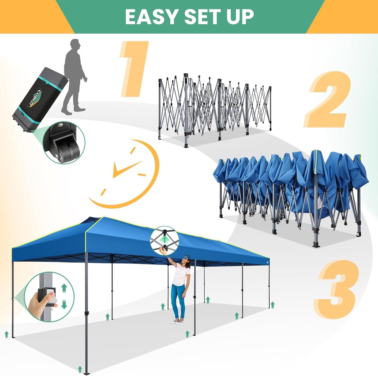 image:imageCOBIZI 10x10 Pop Up Canopy Tent Outdoor Party Tent with 4 Sidewall One Push Setup Glow 3 Adjustable Height Air Vent Waterproof UPF50 Bag 4 Sandbag 8 Stake 4 Rope for Beach CommercialBlue