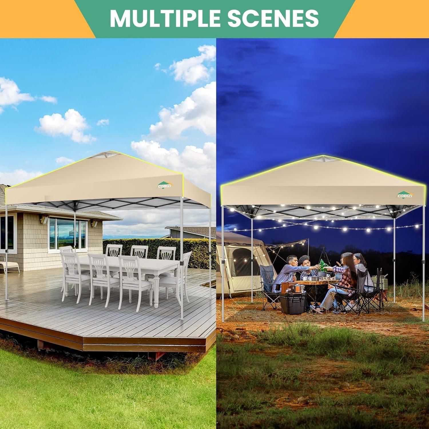 image:imageCOBIZI 10x10 Pop Up Canopy Tent Outdoor Party Tent with 4 Sidewall One Push Setup Glow 3 Adjustable Height Air Vent Waterproof UPF50 Bag 4 Sandbag 8 Stake 4 Rope for Beach CommercialKhaki
