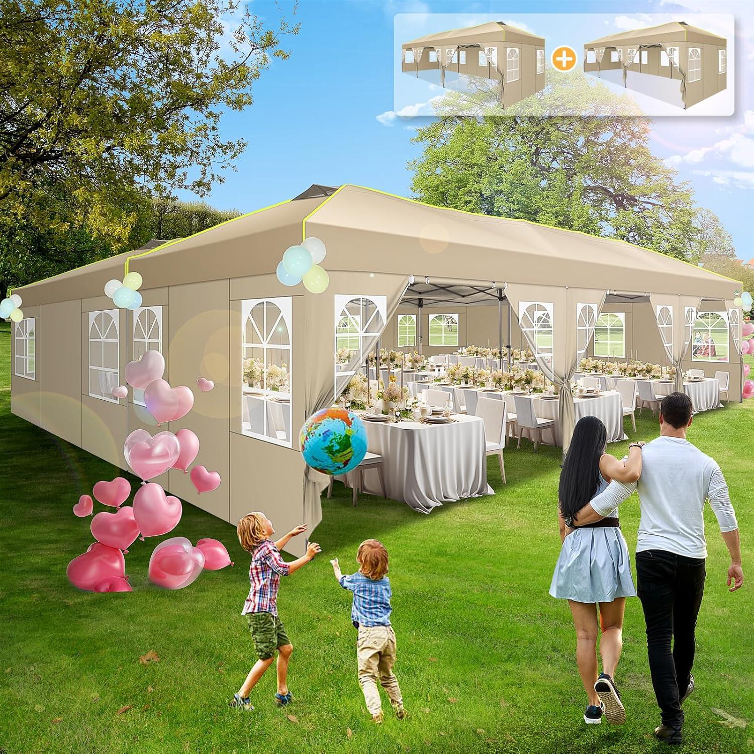 image:imageCOBIZI 10x10 Pop Up Canopy Tent Outdoor Party Tent with 4 Sidewall One Push Setup Glow 3 Adjustable Height Air Vent Waterproof UPF50 Bag 4 Sandbag 8 Stake 4 Rope for Beach CommercialKhaki