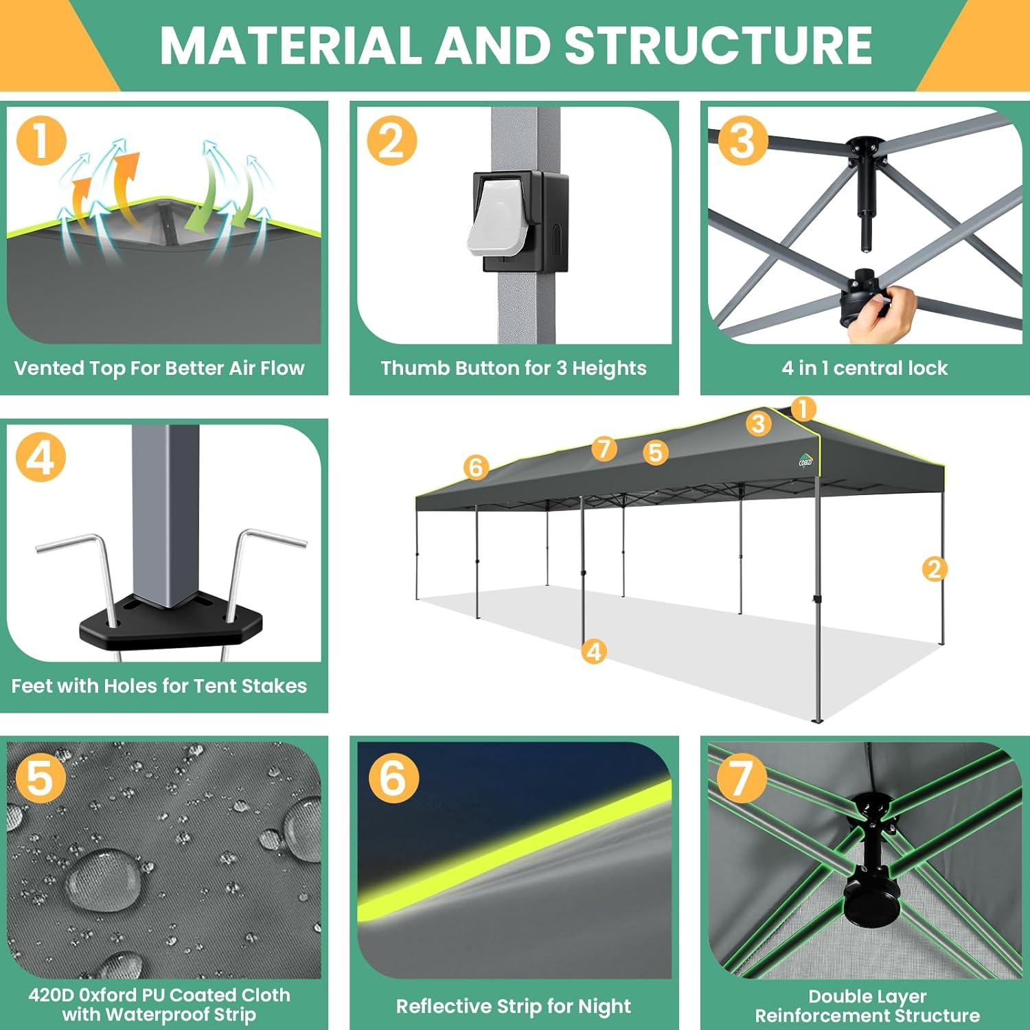 image:imageCOBIZI 10x10 Pop Up Canopy Tent Outdoor Party Tent with 4 Sidewall One Push Setup Glow 3 Adjustable Height Air Vent Waterproof UPF50 Bag 4 Sandbag 8 Stake 4 Rope for Beach CommercialTeal