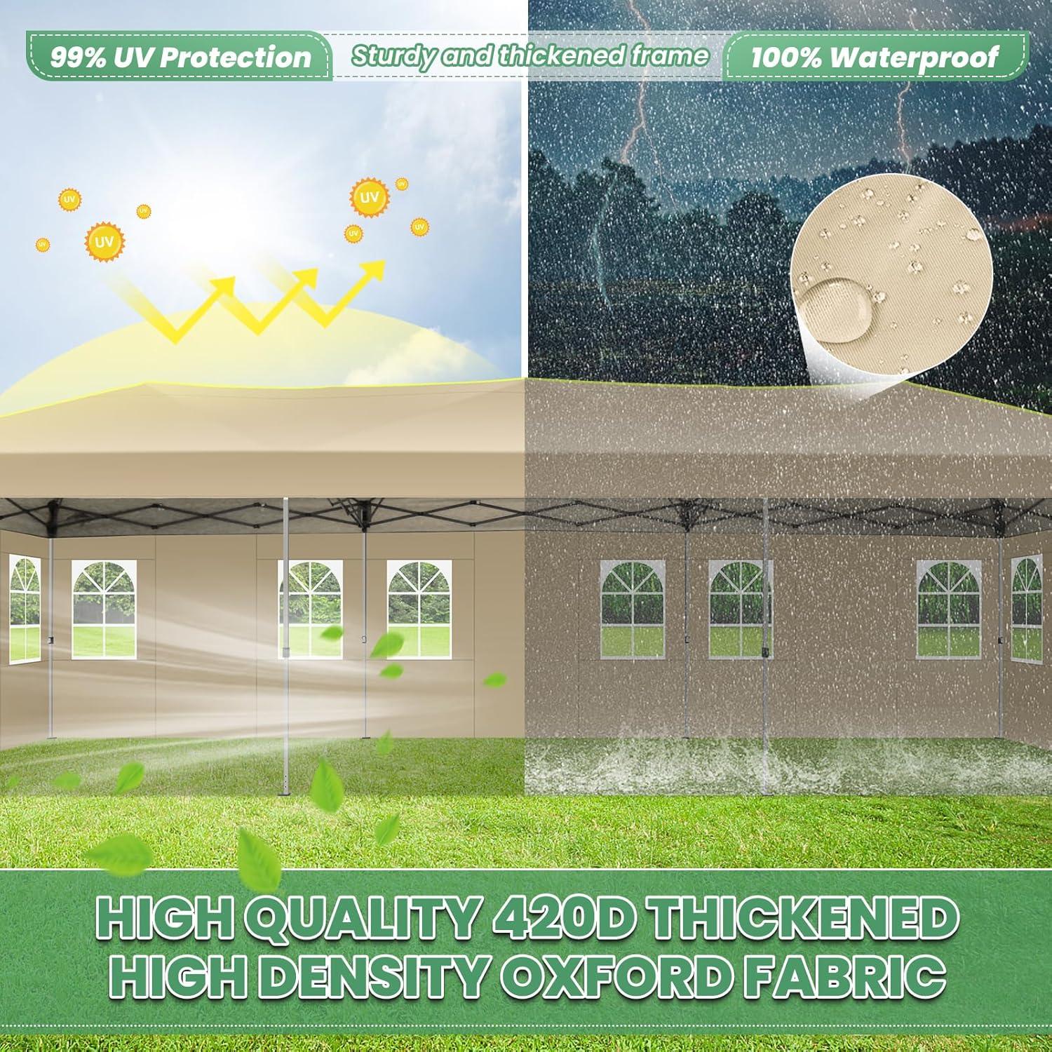 image:imageCOBIZI 10x10 Pop Up Canopy Tent Outdoor Party Tent with 4 Sidewall One Push Setup Glow 3 Adjustable Height Air Vent Waterproof UPF50 Bag 4 Sandbag 8 Stake 4 Rope for Beach CommercialKhaki