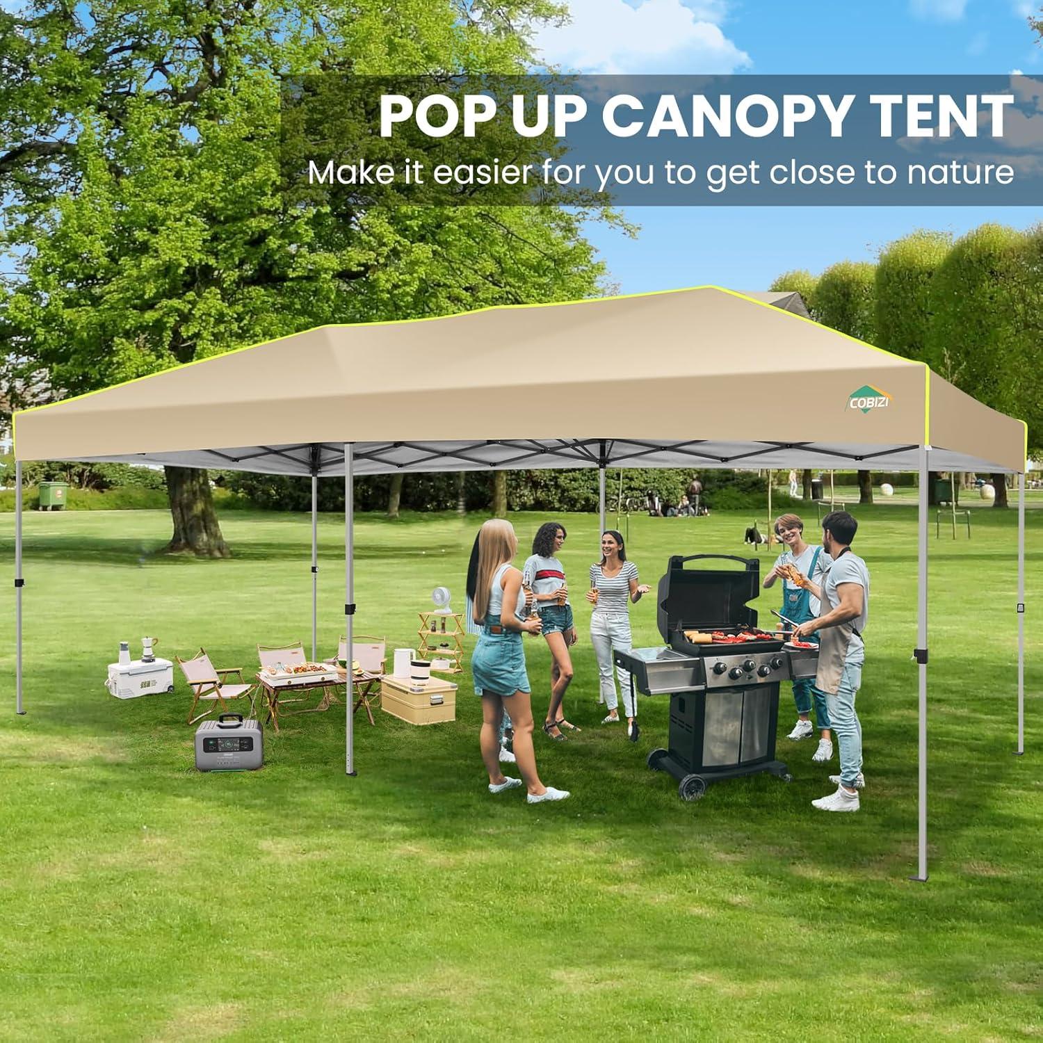 image:imageCOBIZI 10x10 Pop Up Canopy Tent Outdoor Party Tent with 4 Sidewall One Push Setup Glow 3 Adjustable Height Air Vent Waterproof UPF50 Bag 4 Sandbag 8 Stake 4 Rope for Beach CommercialKhaki