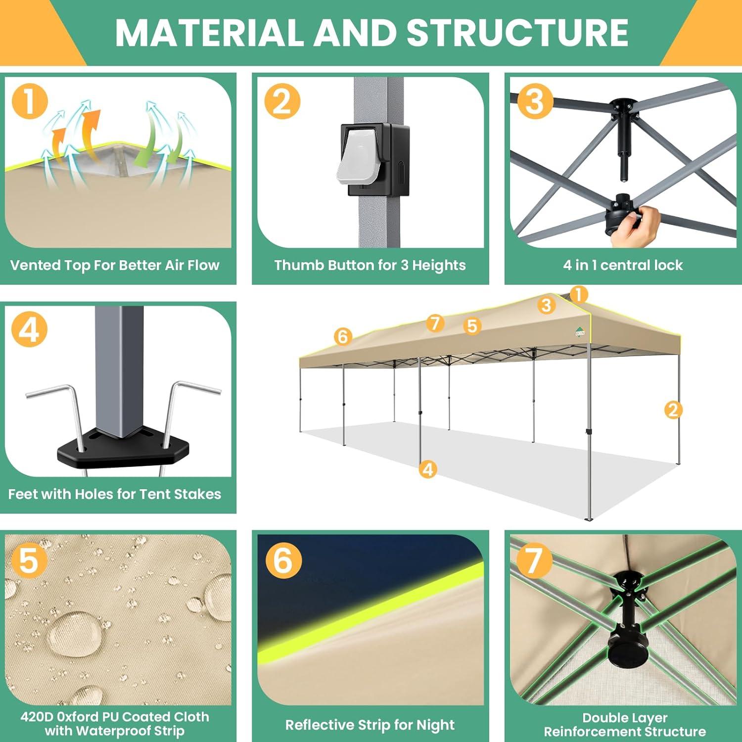 image:imageCOBIZI 10x10 Pop Up Canopy Tent Outdoor Party Tent with 4 Sidewall One Push Setup Glow 3 Adjustable Height Air Vent Waterproof UPF50 Bag 4 Sandbag 8 Stake 4 Rope for Beach CommercialKhaki
