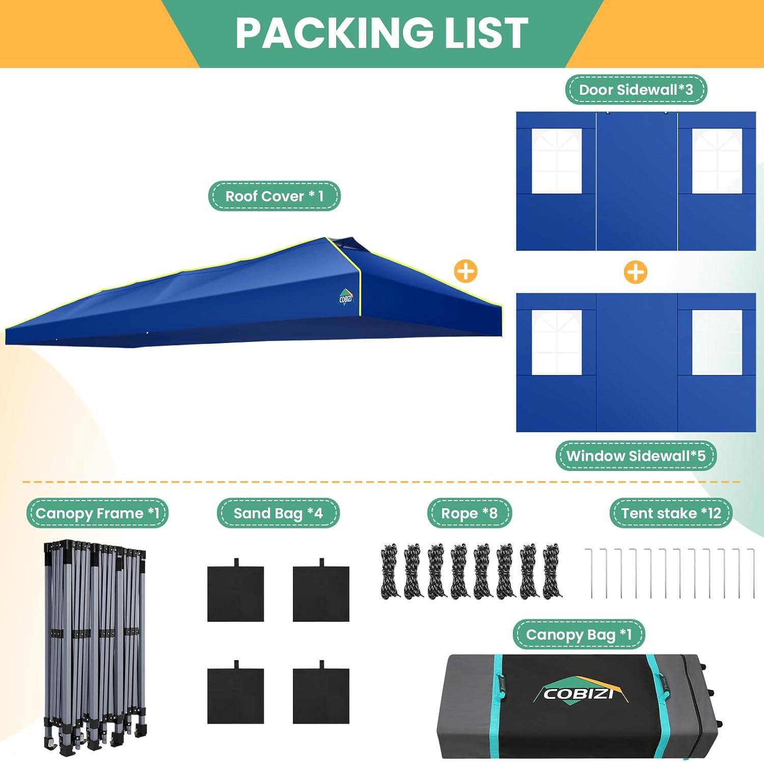 image:imageCOBIZI 10x10 Pop Up Canopy Tent Outdoor Party Tent with 4 Sidewall One Push Setup Glow 3 Adjustable Height Air Vent Waterproof UPF50 Bag 4 Sandbag 8 Stake 4 Rope for Beach CommercialNavy Blue