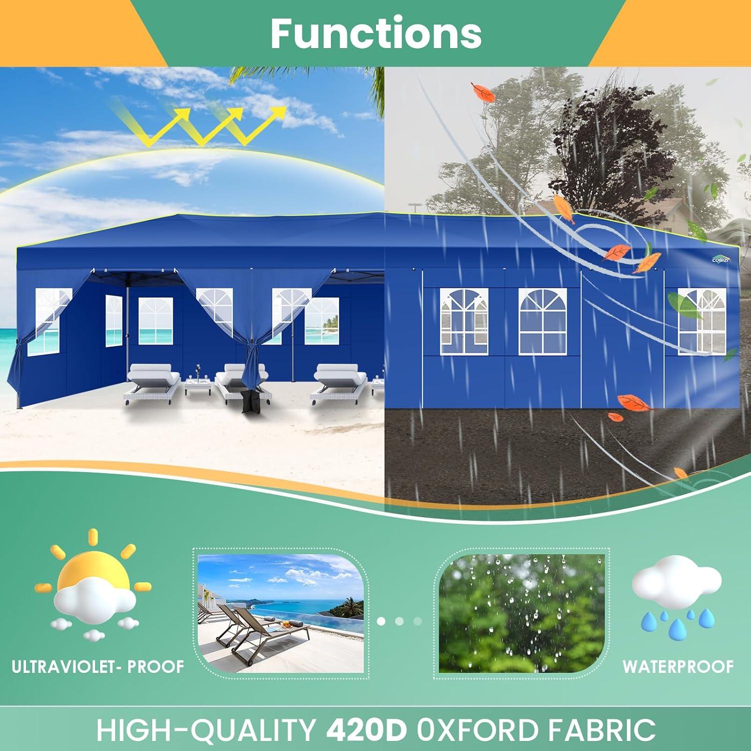 image:imageCOBIZI 10x10 Pop Up Canopy Tent Outdoor Party Tent with 4 Sidewall One Push Setup Glow 3 Adjustable Height Air Vent Waterproof UPF50 Bag 4 Sandbag 8 Stake 4 Rope for Beach CommercialNavy Blue