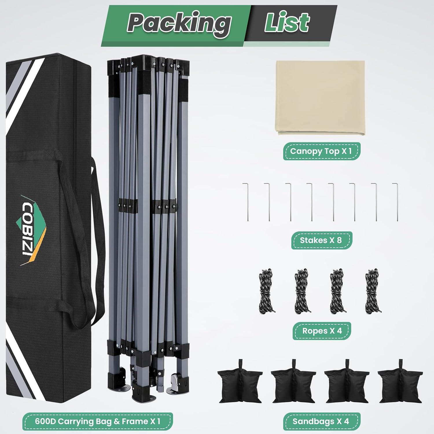 image:imageCOBIZI 10x10 Pop Up Canopy Tent Outdoor Party Tent with 4 Sidewall One Push Setup Glow 3 Adjustable Height Air Vent Waterproof UPF50 Bag 4 Sandbag 8 Stake 4 Rope for Beach CommercialKhaki