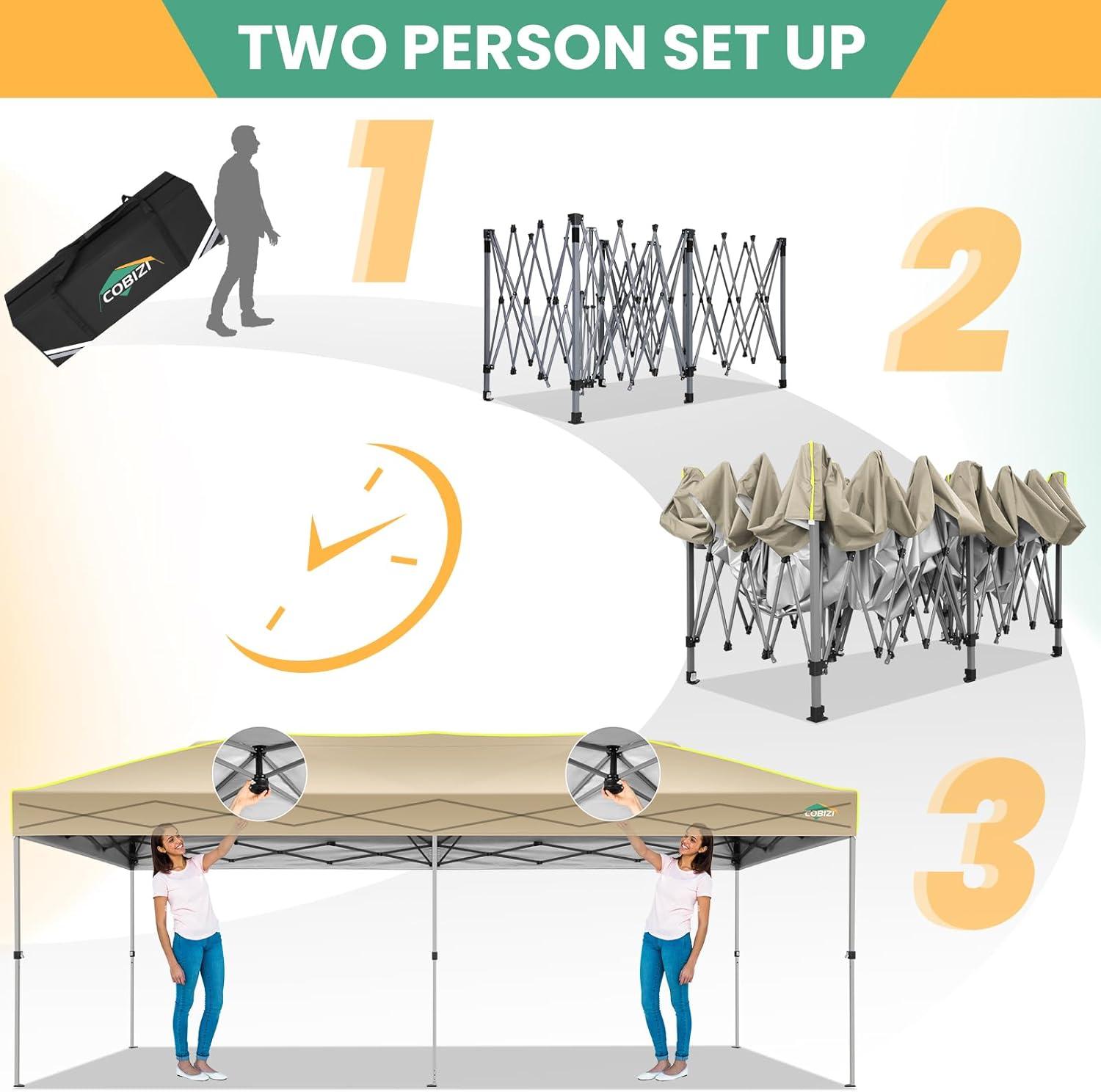 image:imageCOBIZI 10x10 Pop Up Canopy Tent Outdoor Party Tent with 4 Sidewall One Push Setup Glow 3 Adjustable Height Air Vent Waterproof UPF50 Bag 4 Sandbag 8 Stake 4 Rope for Beach CommercialKhaki