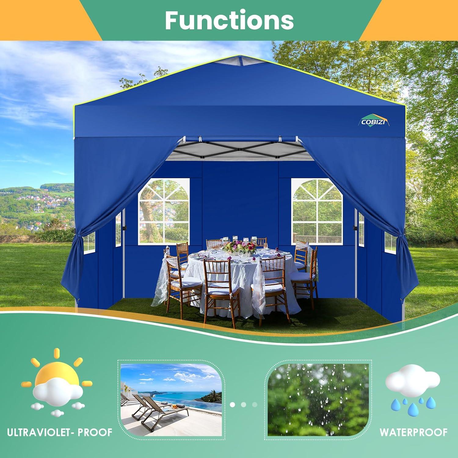 image:imageCOBIZI 10x10 Pop Up Canopy Tent Outdoor Party Tent with 4 Sidewall One Push Setup Glow 3 Adjustable Height Air Vent Waterproof UPF50 Bag 4 Sandbag 8 Stake 4 Rope for Beach CommercialNavy Blue