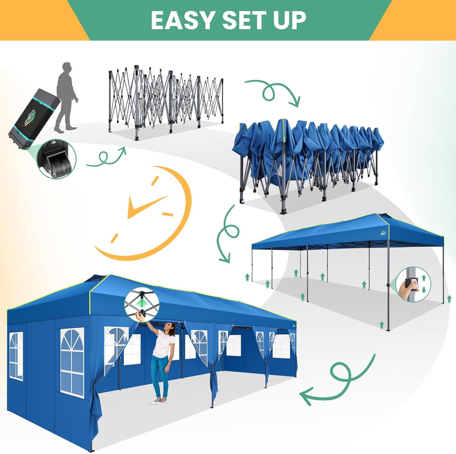 image:imageCOBIZI 10x10 Pop Up Canopy Tent Outdoor Party Tent with 4 Sidewall One Push Setup Glow 3 Adjustable Height Air Vent Waterproof UPF50 Bag 4 Sandbag 8 Stake 4 Rope for Beach CommercialBlue
