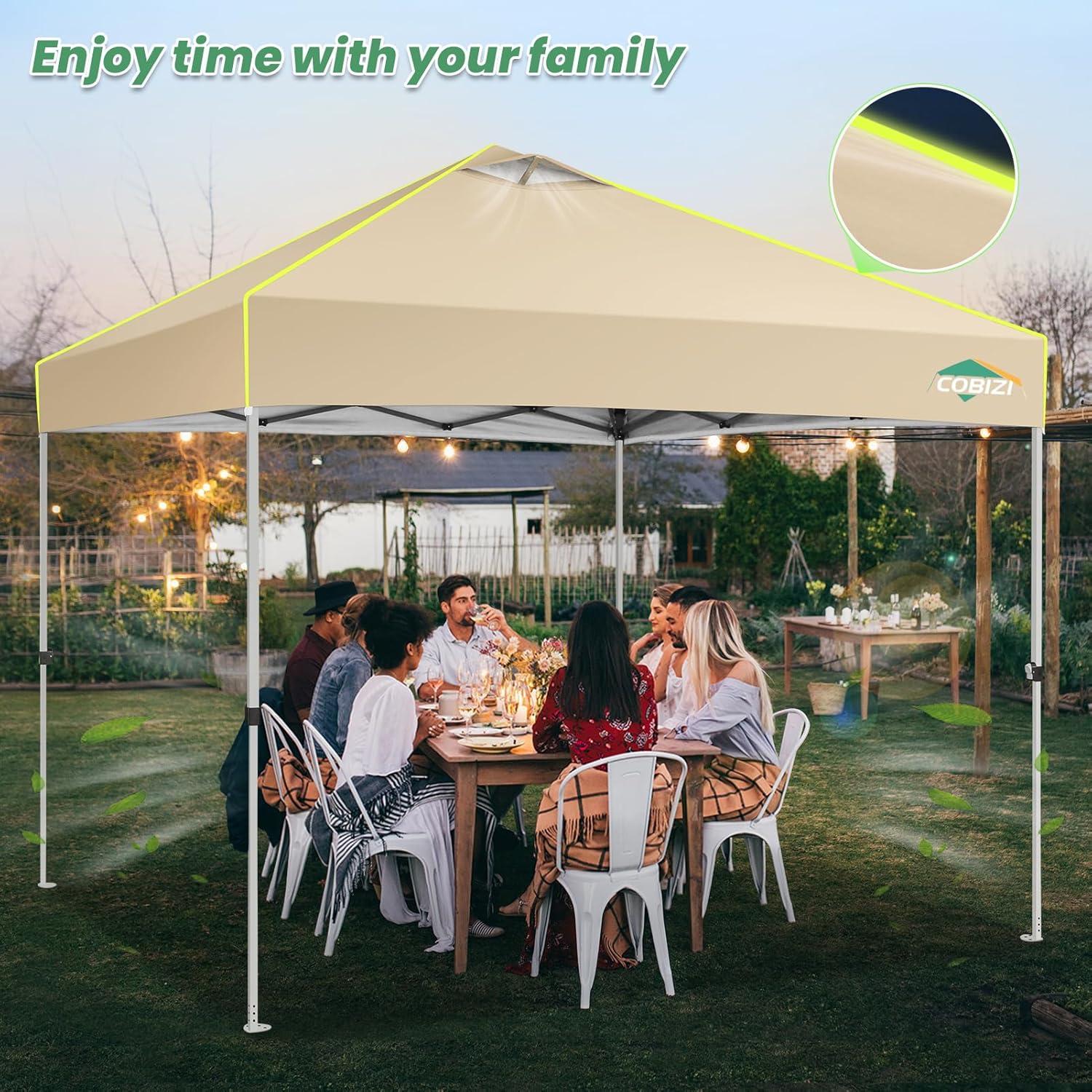 image:imageCOBIZI 10x10 Pop Up Canopy Tent Outdoor Party Tent with 4 Sidewall One Push Setup Glow 3 Adjustable Height Air Vent Waterproof UPF50 Bag 4 Sandbag 8 Stake 4 Rope for Beach CommercialKhaki