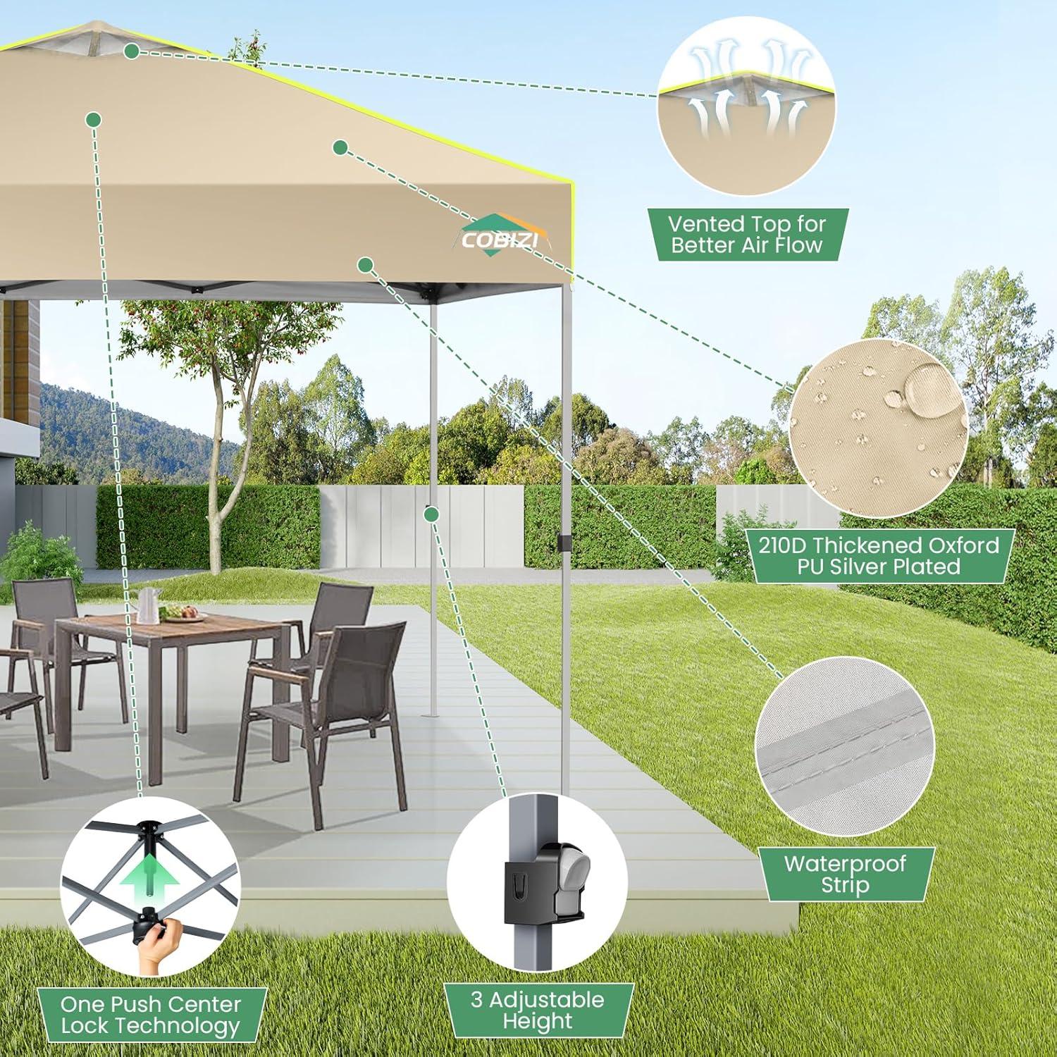 image:imageCOBIZI 10x10 Pop Up Canopy Tent Outdoor Party Tent with 4 Sidewall One Push Setup Glow 3 Adjustable Height Air Vent Waterproof UPF50 Bag 4 Sandbag 8 Stake 4 Rope for Beach CommercialKhaki