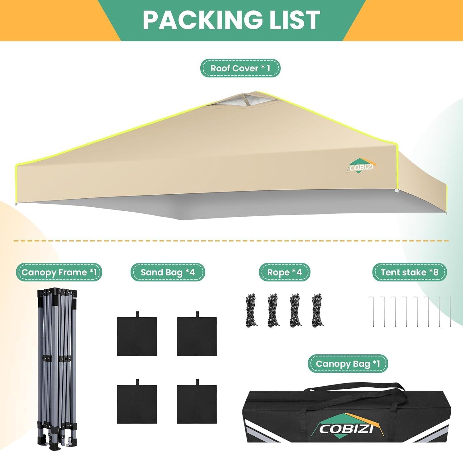 image:imageCOBIZI 10x10 Pop Up Canopy Tent Outdoor Party Tent with 4 Sidewall One Push Setup Glow 3 Adjustable Height Air Vent Waterproof UPF50 Bag 4 Sandbag 8 Stake 4 Rope for Beach CommercialKhaki