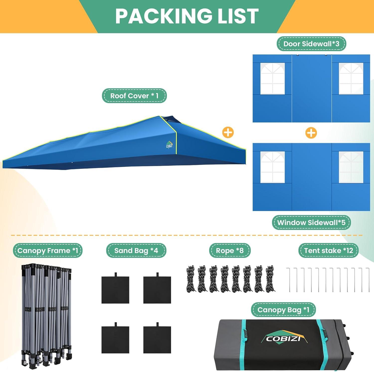 image:imageCOBIZI 10x10 Pop Up Canopy Tent Outdoor Party Tent with 4 Sidewall One Push Setup Glow 3 Adjustable Height Air Vent Waterproof UPF50 Bag 4 Sandbag 8 Stake 4 Rope for Beach CommercialBlue
