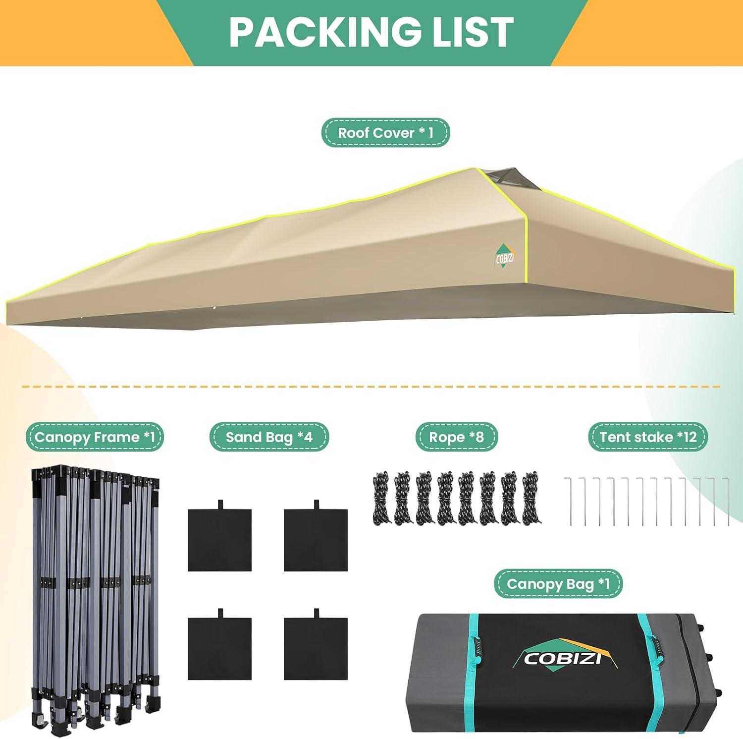 image:imageCOBIZI 10x10 Pop Up Canopy Tent Outdoor Party Tent with 4 Sidewall One Push Setup Glow 3 Adjustable Height Air Vent Waterproof UPF50 Bag 4 Sandbag 8 Stake 4 Rope for Beach CommercialKhaki