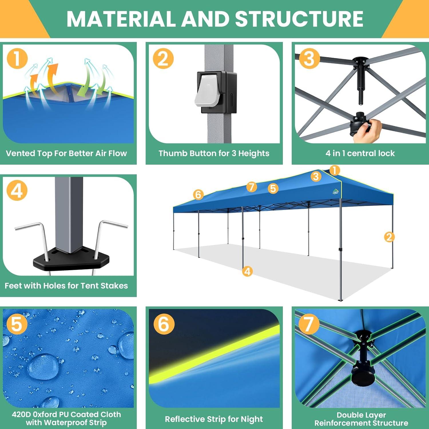 image:imageCOBIZI 10x10 Pop Up Canopy Tent Outdoor Party Tent with 4 Sidewall One Push Setup Glow 3 Adjustable Height Air Vent Waterproof UPF50 Bag 4 Sandbag 8 Stake 4 Rope for Beach CommercialBlue