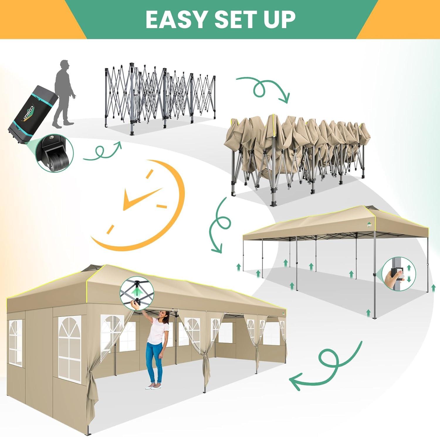 image:imageCOBIZI 10x10 Pop Up Canopy Tent Outdoor Party Tent with 4 Sidewall One Push Setup Glow 3 Adjustable Height Air Vent Waterproof UPF50 Bag 4 Sandbag 8 Stake 4 Rope for Beach CommercialKhaki