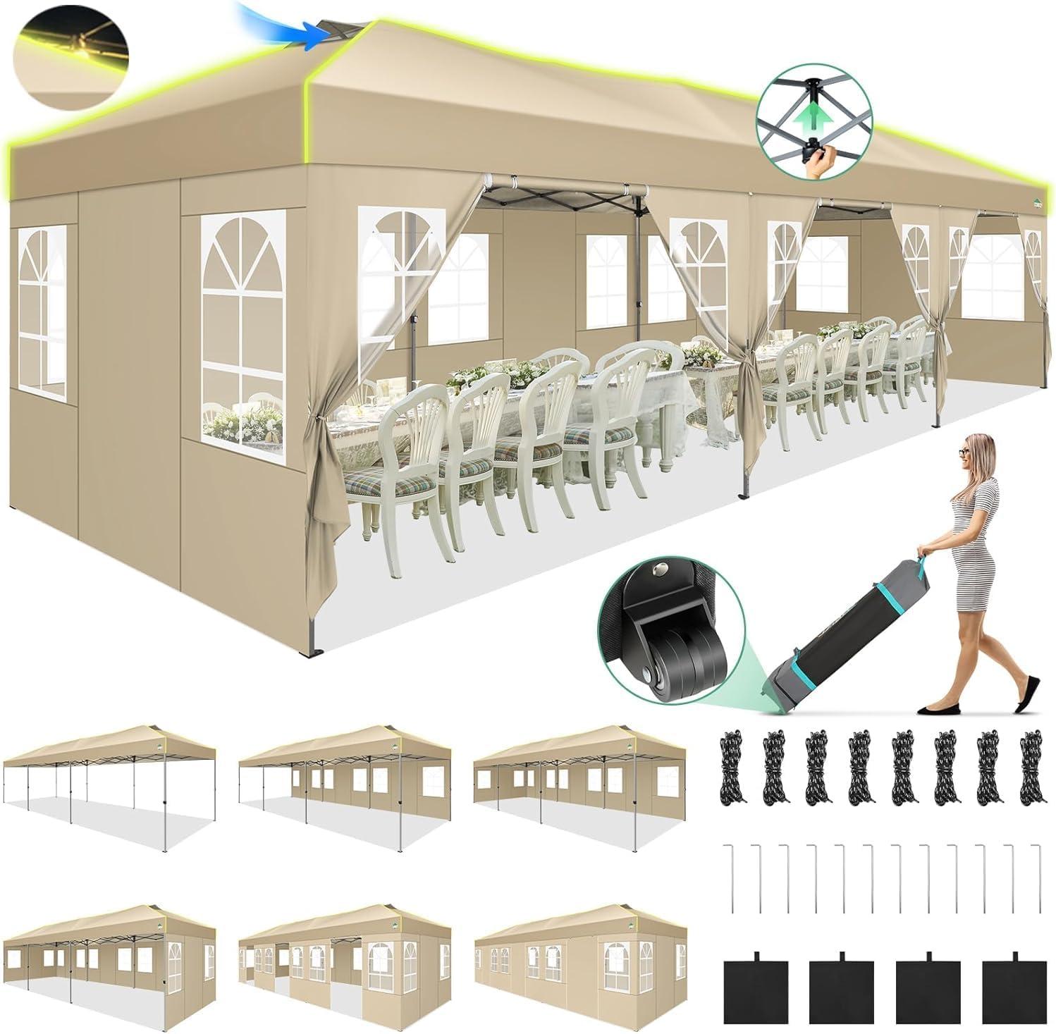 image:imageCOBIZI 10x10 Pop Up Canopy Tent Outdoor Party Tent with 4 Sidewall One Push Setup Glow 3 Adjustable Height Air Vent Waterproof UPF50 Bag 4 Sandbag 8 Stake 4 Rope for Beach CommercialKhaki