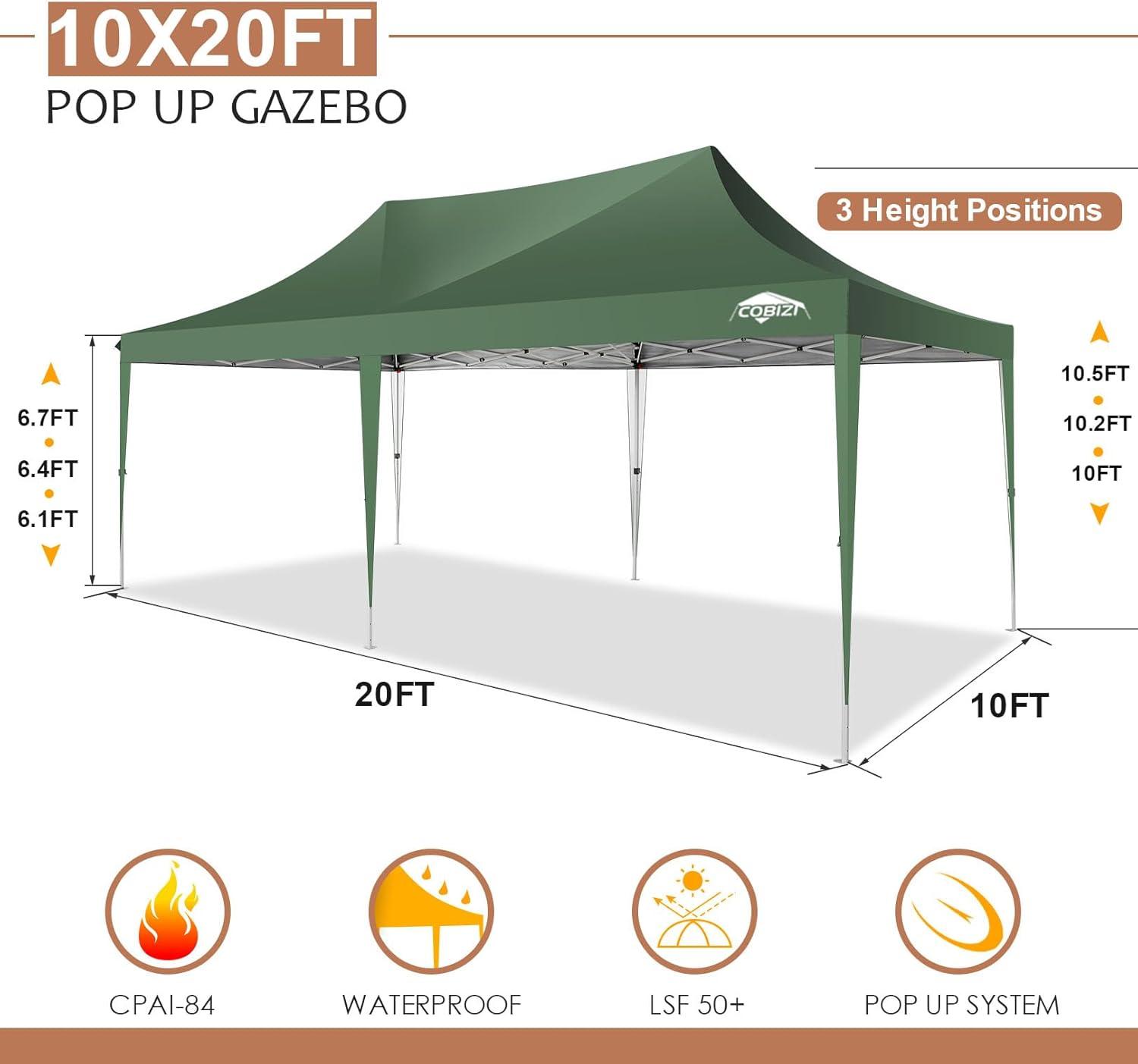 image:imageCOBIZI 10x10 Pop Up Canopy Tent Outdoor Party Tent with 4 Sidewall One Push Setup Glow 3 Adjustable Height Air Vent Waterproof UPF50 Bag 4 Sandbag 8 Stake 4 Rope for Beach CommercialTeal