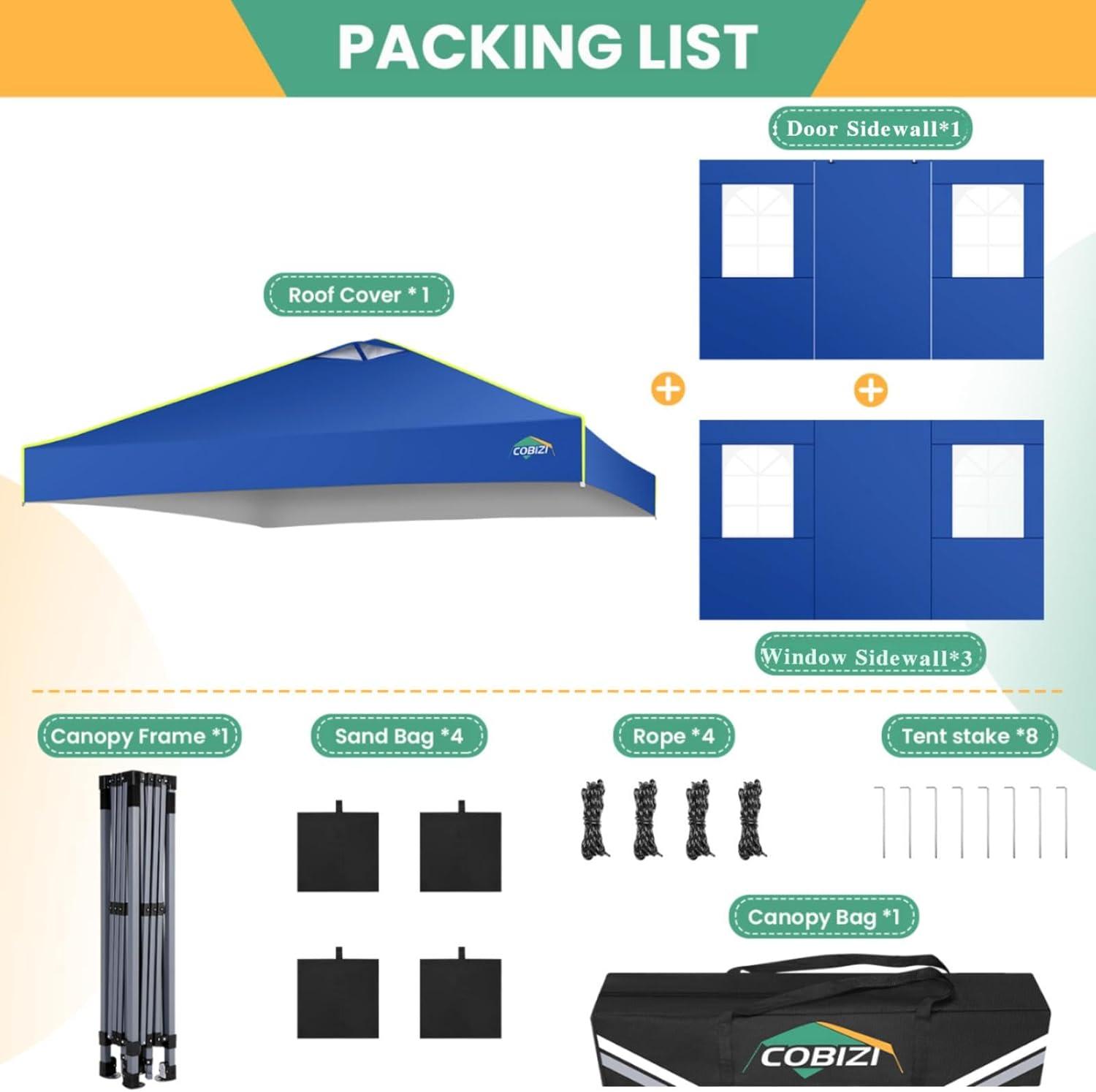 image:imageCOBIZI 10x10 Pop Up Canopy Tent Outdoor Party Tent with 4 Sidewall One Push Setup Glow 3 Adjustable Height Air Vent Waterproof UPF50 Bag 4 Sandbag 8 Stake 4 Rope for Beach CommercialNavy Blue