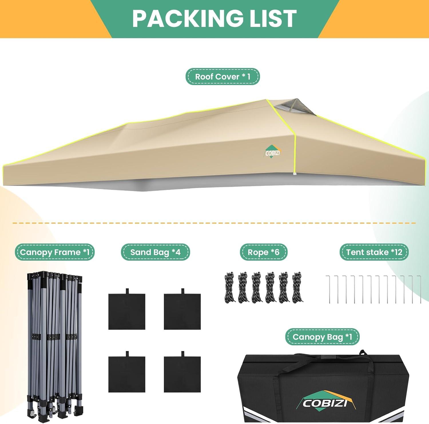 image:imageCOBIZI 10x10 Pop Up Canopy Tent Outdoor Party Tent with 4 Sidewall One Push Setup Glow 3 Adjustable Height Air Vent Waterproof UPF50 Bag 4 Sandbag 8 Stake 4 Rope for Beach CommercialKhaki