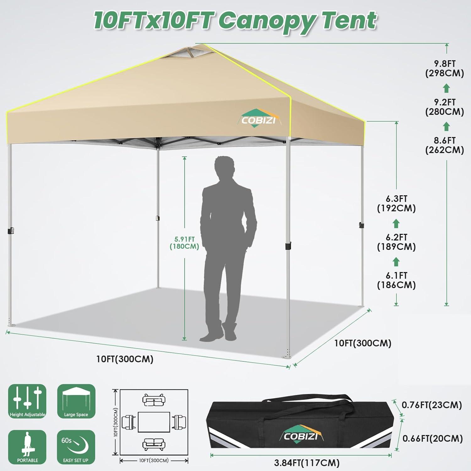 image:imageCOBIZI 10x10 Pop Up Canopy Tent Outdoor Party Tent with 4 Sidewall One Push Setup Glow 3 Adjustable Height Air Vent Waterproof UPF50 Bag 4 Sandbag 8 Stake 4 Rope for Beach CommercialKhaki