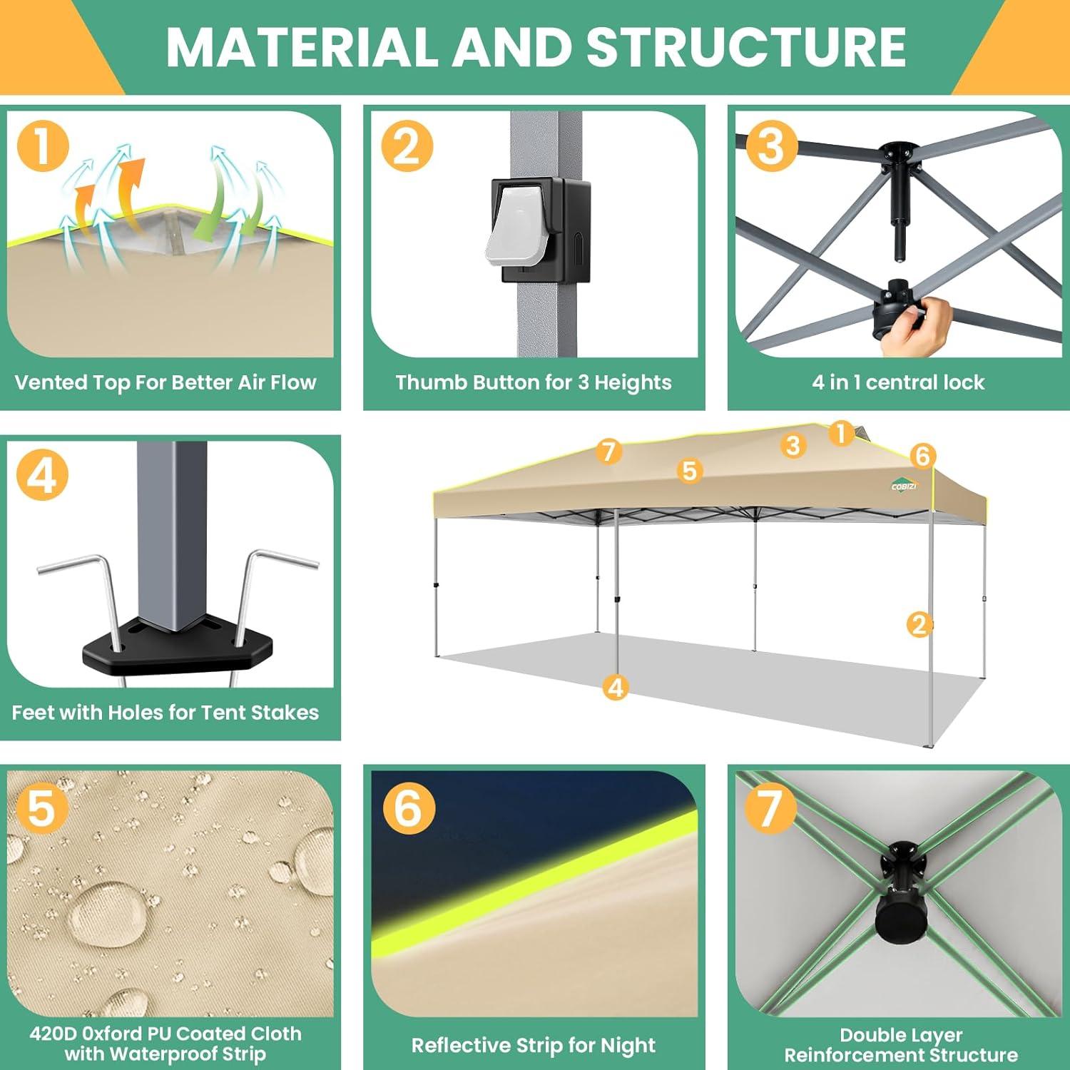 image:imageCOBIZI 10x10 Pop Up Canopy Tent Outdoor Party Tent with 4 Sidewall One Push Setup Glow 3 Adjustable Height Air Vent Waterproof UPF50 Bag 4 Sandbag 8 Stake 4 Rope for Beach CommercialKhaki