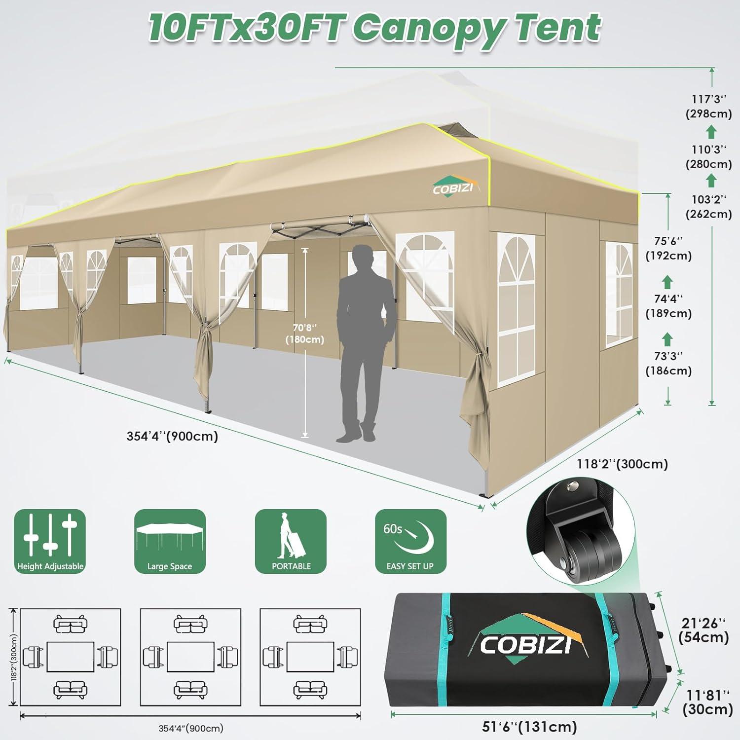 image:imageCOBIZI 10x10 Pop Up Canopy Tent Outdoor Party Tent with 4 Sidewall One Push Setup Glow 3 Adjustable Height Air Vent Waterproof UPF50 Bag 4 Sandbag 8 Stake 4 Rope for Beach CommercialKhaki