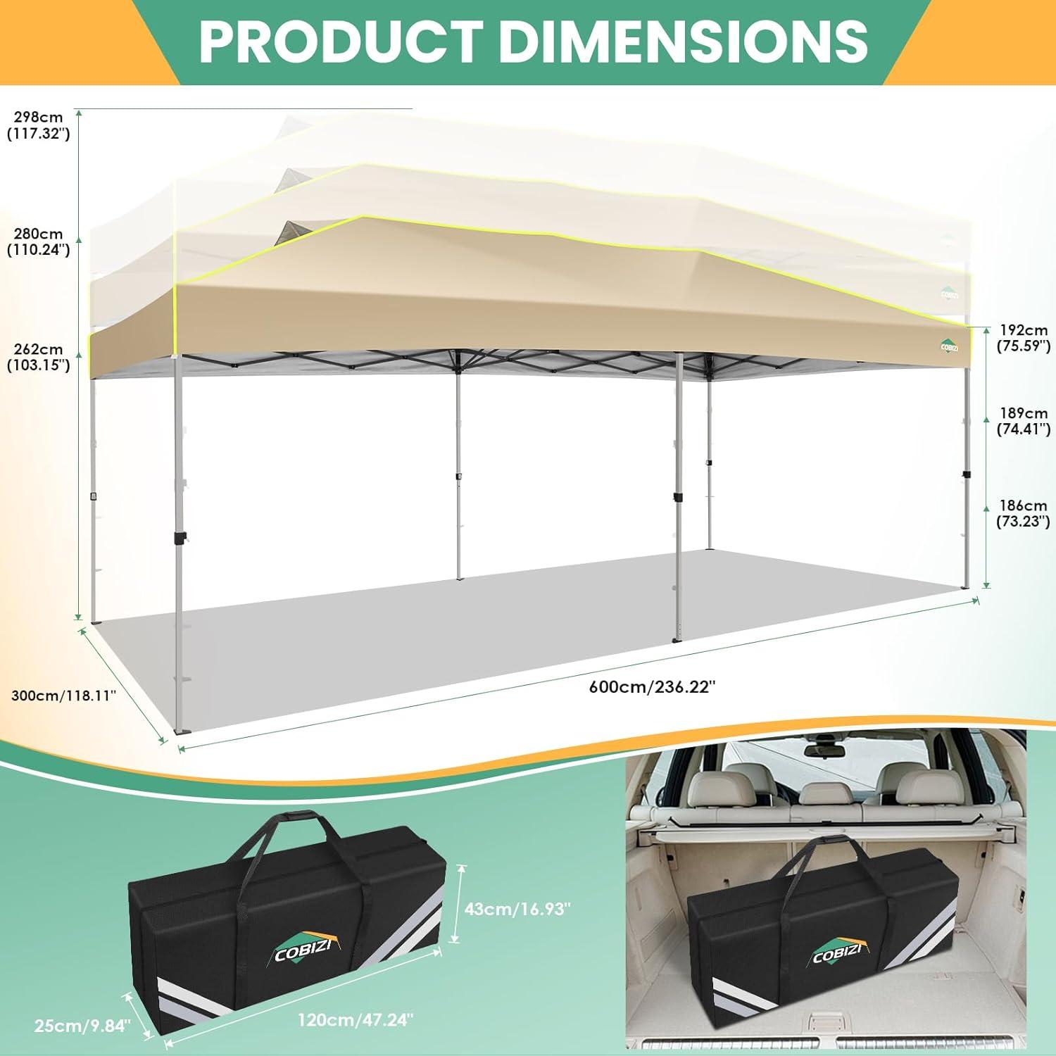 image:imageCOBIZI 10x10 Pop Up Canopy Tent Outdoor Party Tent with 4 Sidewall One Push Setup Glow 3 Adjustable Height Air Vent Waterproof UPF50 Bag 4 Sandbag 8 Stake 4 Rope for Beach CommercialKhaki