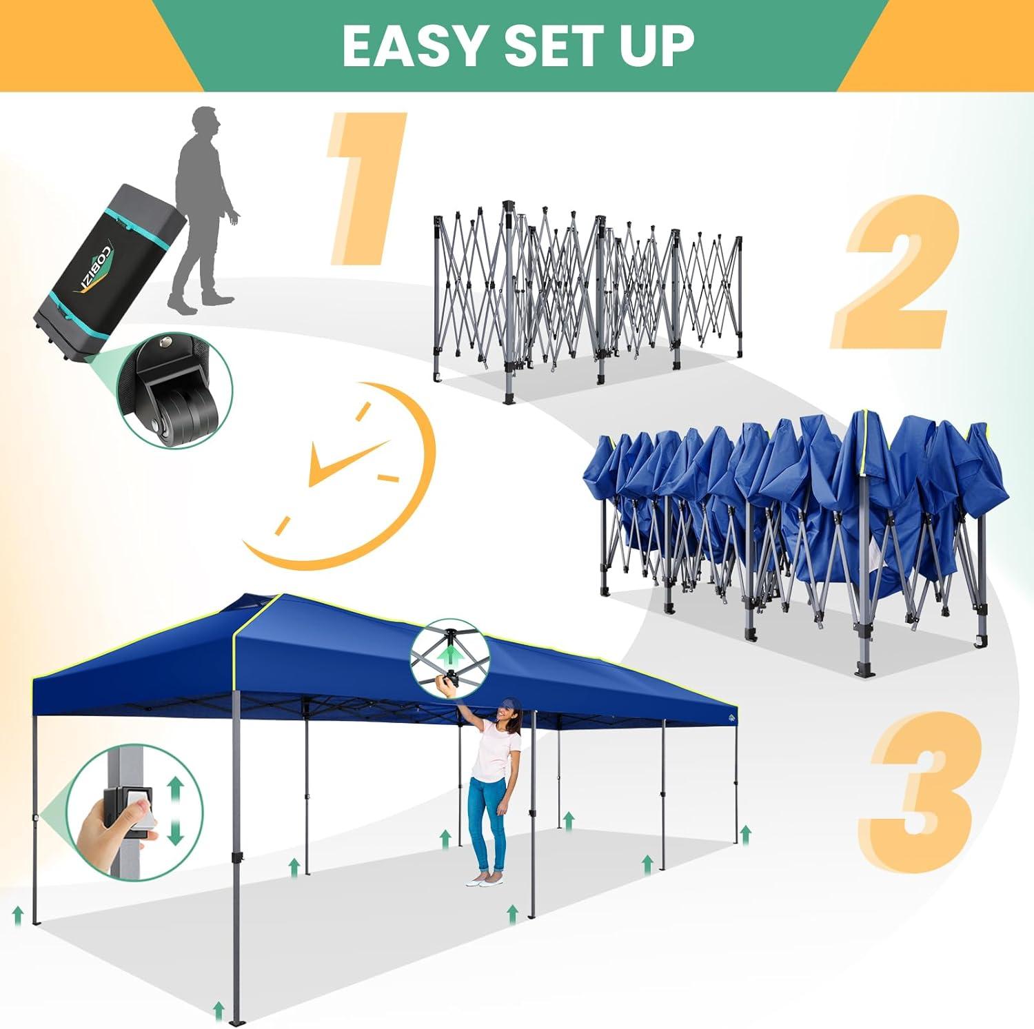 image:imageCOBIZI 10x10 Pop Up Canopy Tent Outdoor Party Tent with 4 Sidewall One Push Setup Glow 3 Adjustable Height Air Vent Waterproof UPF50 Bag 4 Sandbag 8 Stake 4 Rope for Beach CommercialNavy Blue