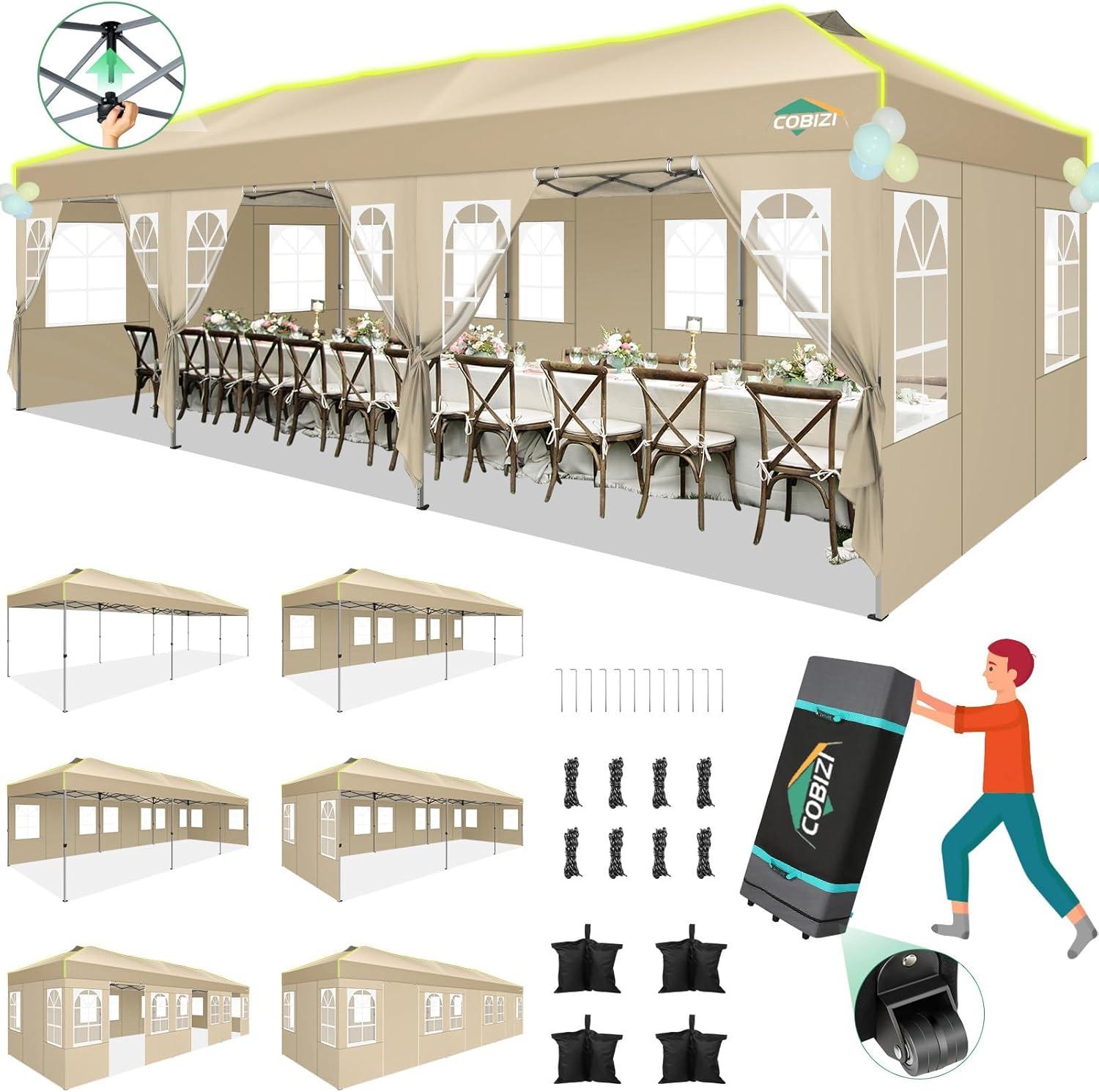 image:imageCOBIZI 10x10 Pop Up Canopy Tent Outdoor Party Tent with 4 Sidewall One Push Setup Glow 3 Adjustable Height Air Vent Waterproof UPF50 Bag 4 Sandbag 8 Stake 4 Rope for Beach CommercialKhaki