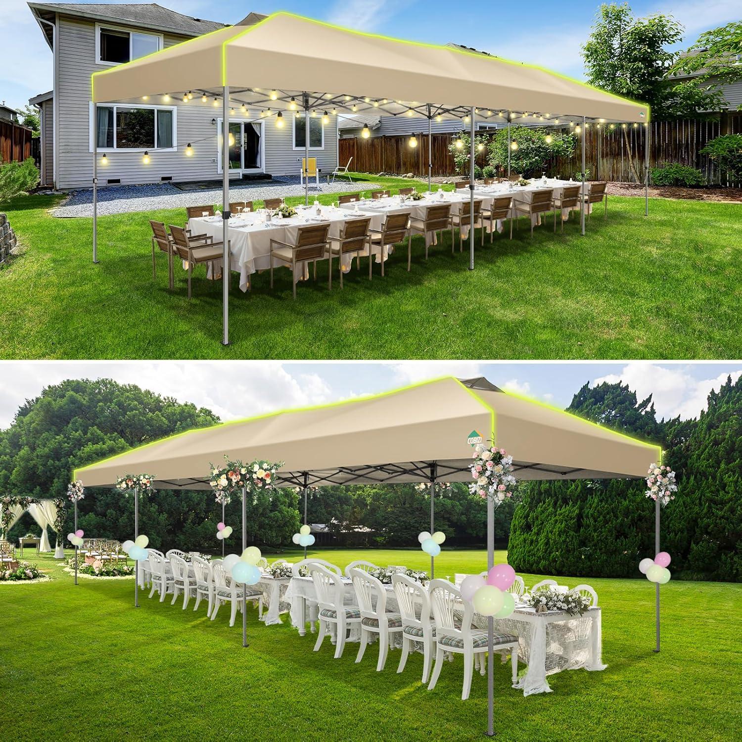 image:imageCOBIZI 10x10 Pop Up Canopy Tent Outdoor Party Tent with 4 Sidewall One Push Setup Glow 3 Adjustable Height Air Vent Waterproof UPF50 Bag 4 Sandbag 8 Stake 4 Rope for Beach CommercialKhaki