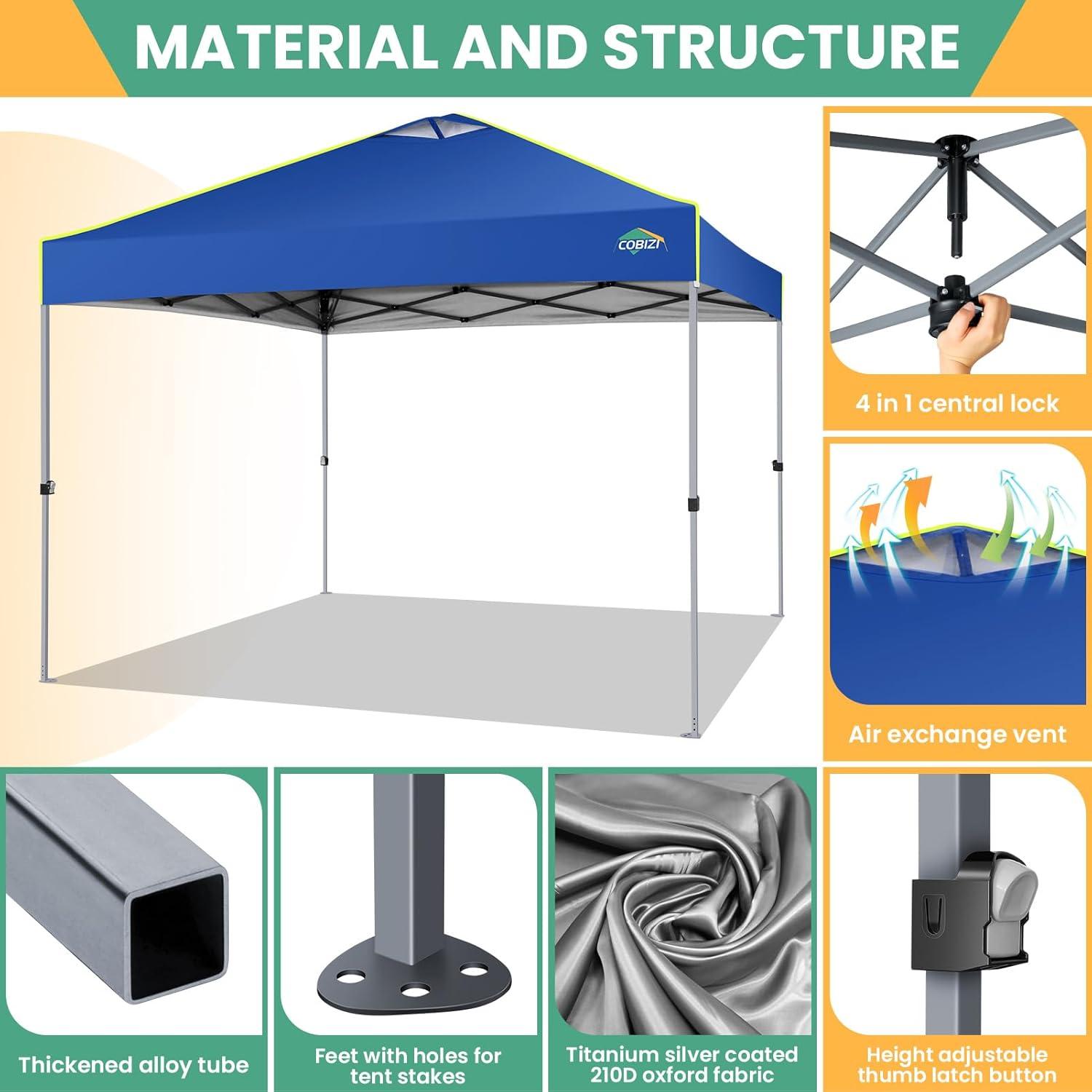 image:imageCOBIZI 10x10 Pop Up Canopy Tent Outdoor Party Tent with 4 Sidewall One Push Setup Glow 3 Adjustable Height Air Vent Waterproof UPF50 Bag 4 Sandbag 8 Stake 4 Rope for Beach CommercialNavy Blue