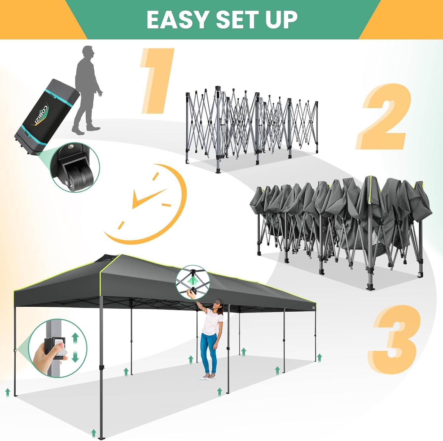 image:imageCOBIZI 10x10 Pop Up Canopy Tent Outdoor Party Tent with 4 Sidewall One Push Setup Glow 3 Adjustable Height Air Vent Waterproof UPF50 Bag 4 Sandbag 8 Stake 4 Rope for Beach CommercialTeal