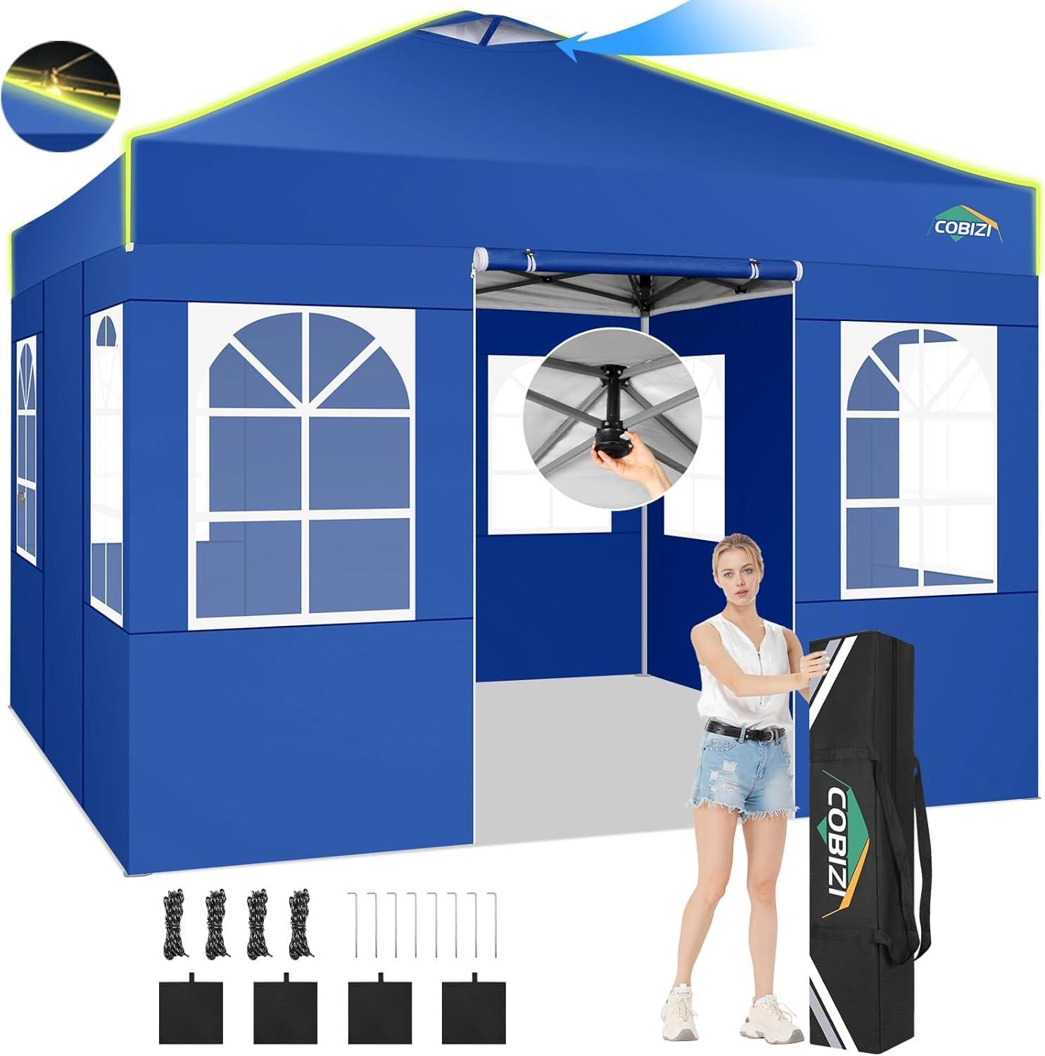 image:imageCOBIZI 10x10 Pop Up Canopy Tent Outdoor Party Tent with 4 Sidewall One Push Setup Glow 3 Adjustable Height Air Vent Waterproof UPF50 Bag 4 Sandbag 8 Stake 4 Rope for Beach CommercialNavy Blue
