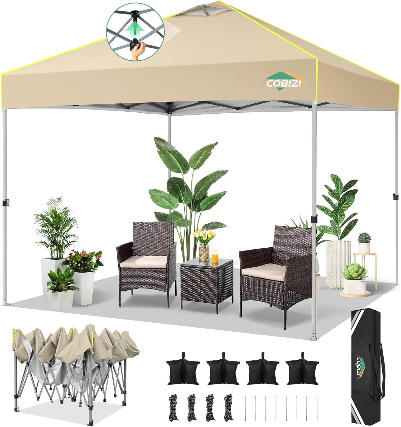 image:imageCOBIZI 10x10 Pop Up Canopy Tent Outdoor Party Tent with 4 Sidewall One Push Setup Glow 3 Adjustable Height Air Vent Waterproof UPF50 Bag 4 Sandbag 8 Stake 4 Rope for Beach CommercialKhaki