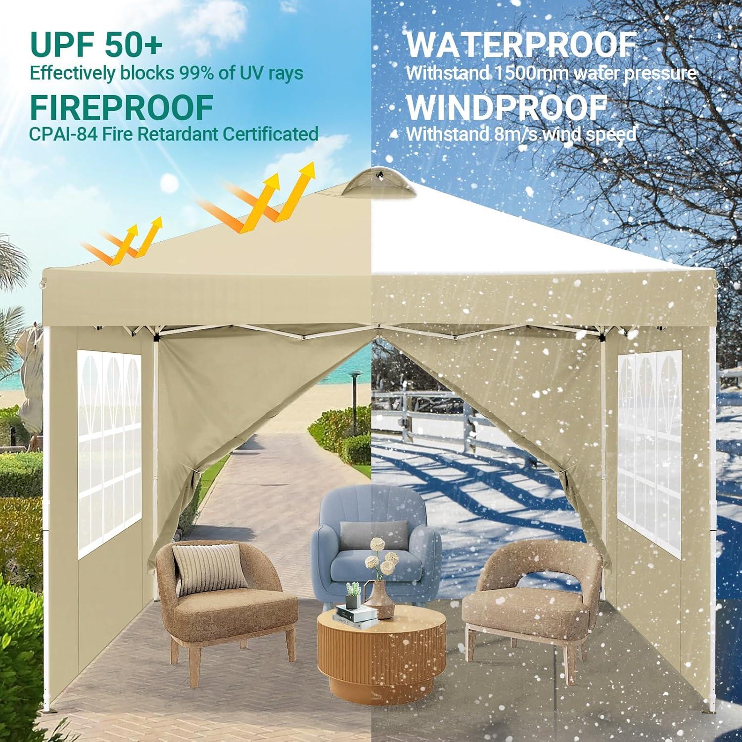 image:imageCOBIZI 10x10 Pop Up Canopy Tent with 4 Sidewalls UPF 50Waterproof Outdoor Canopy with Air Vent Instant Portable Camping Canopies Gazebo for Commercial Sun Shade Party 4 SandbagsWhiteKhaki