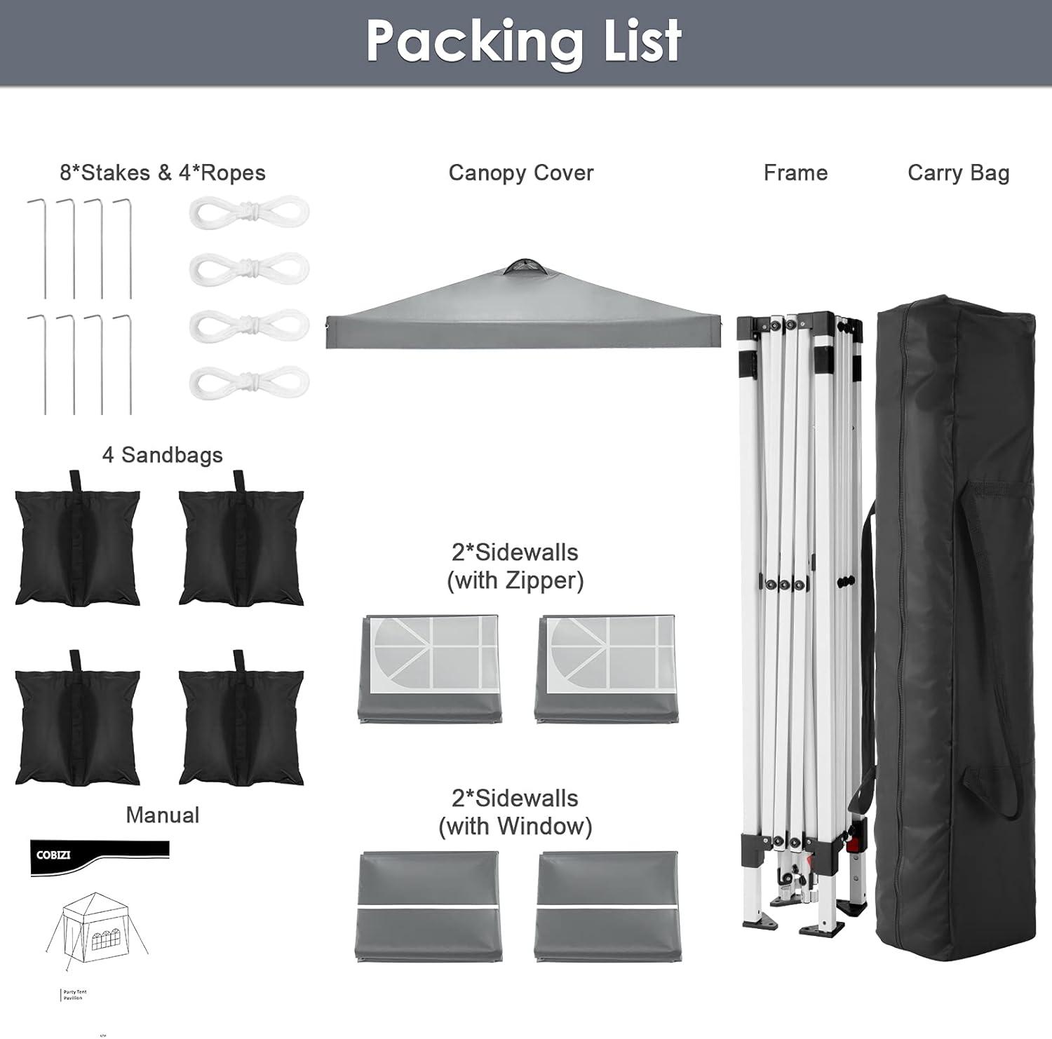 image:imageCOBIZI 10x10 Pop Up Canopy Tent with 4 Sidewalls UPF 50Waterproof Outdoor Canopy with Air Vent Instant Portable Camping Canopies Gazebo for Commercial Sun Shade Party 4 SandbagsWhitePigeon Grey
