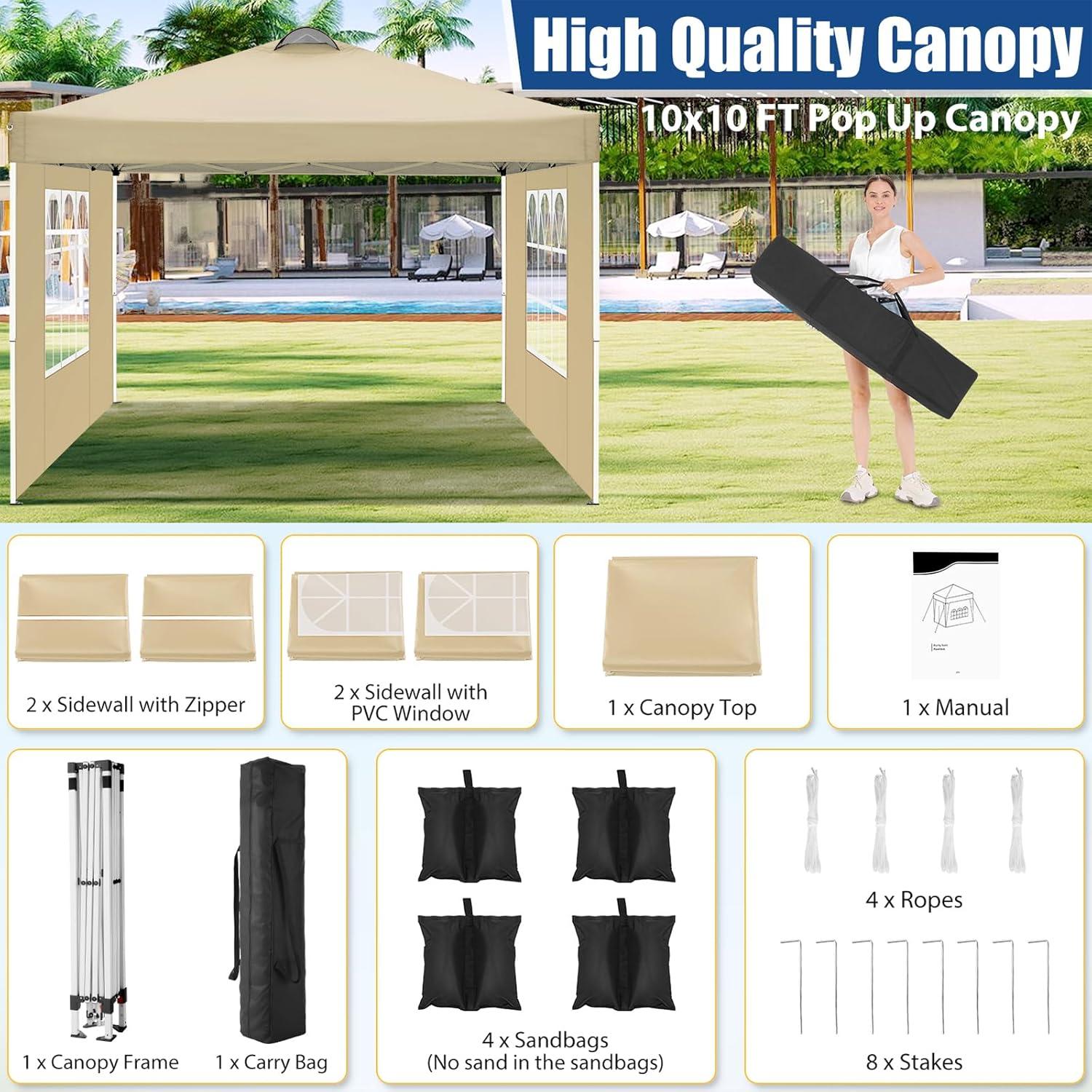 image:imageCOBIZI 10x10 Pop Up Canopy Tent with 4 Sidewalls UPF 50Waterproof Outdoor Canopy with Air Vent Instant Portable Camping Canopies Gazebo for Commercial Sun Shade Party 4 SandbagsWhiteKhaki