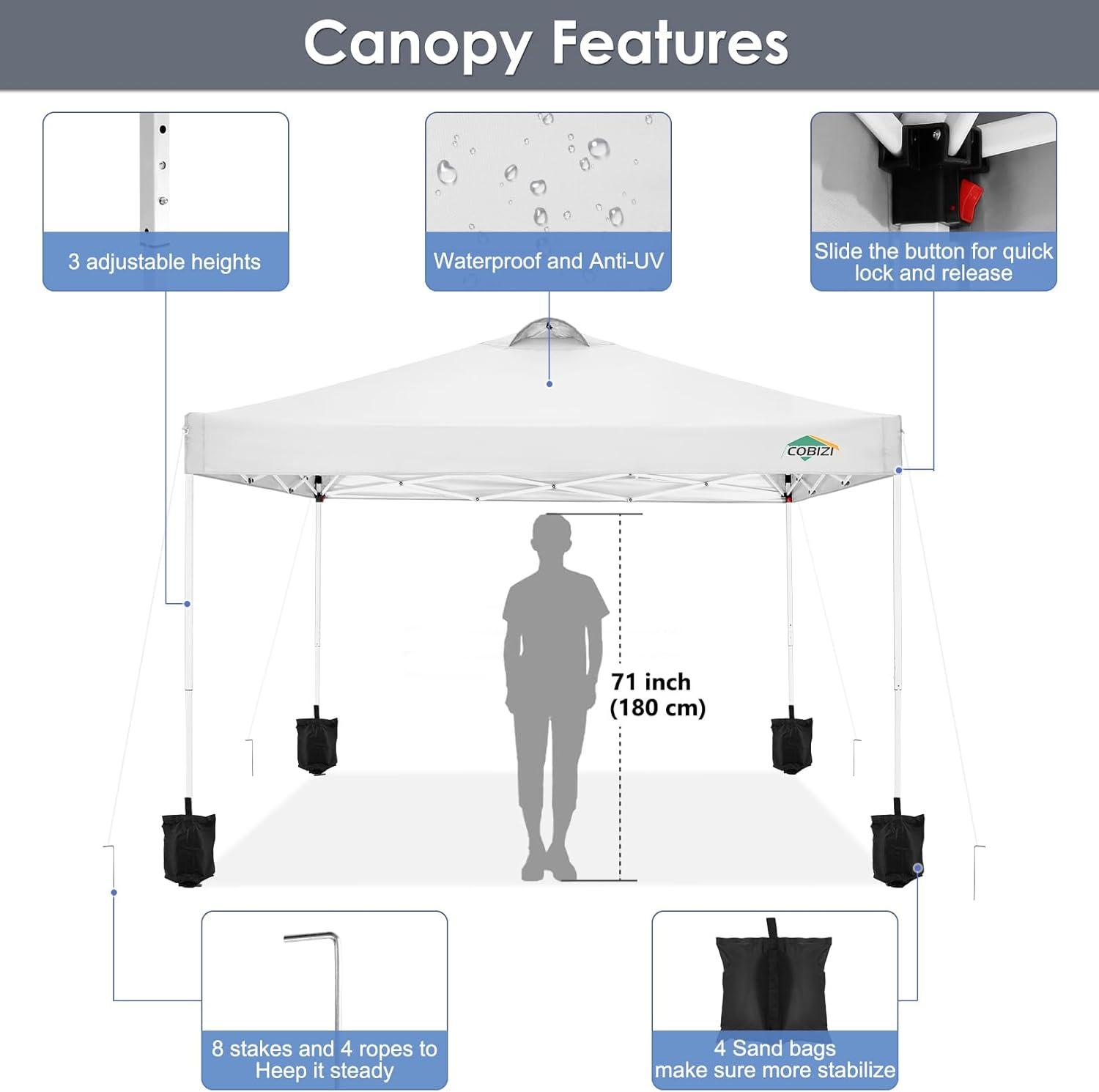 image:imageCOBIZI 10x10 Pop Up Canopy Tent with 4 Sidewalls UPF 50Waterproof Outdoor Canopy with Air Vent Instant Portable Camping Canopies Gazebo for Commercial Sun Shade Party 4 SandbagsWhiteWhite1 year warranty