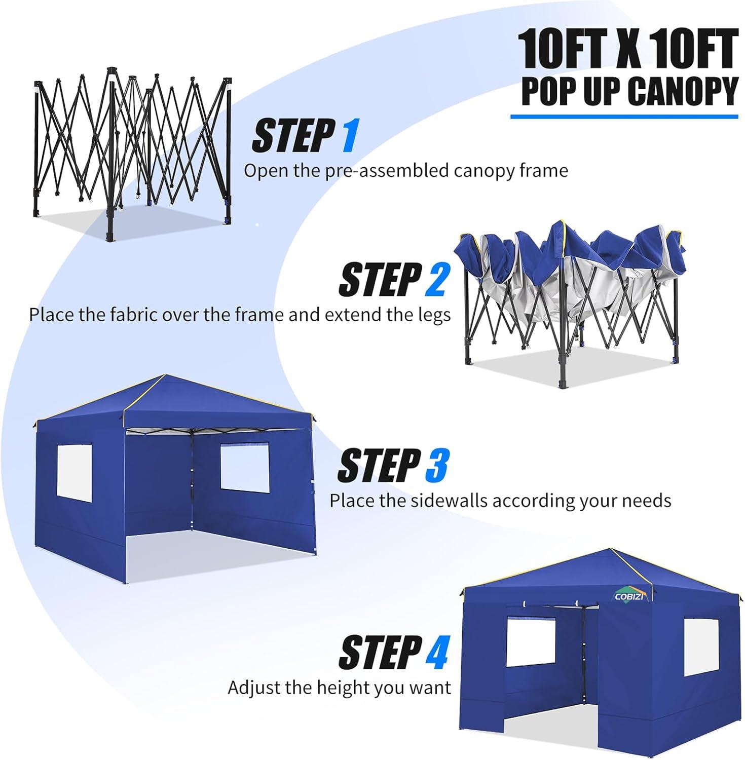 image:imageCOBIZI 10x10 Pop up Canopy Canopy Tent Gazebos Ez up Canopy 10x10 for Parties Beach Camping Party Event Shelter Sun Shade with 4 Sidewalls amp Carry Bag 4 Stakes amp Ropes amp Sandbags BlackNavy Blue