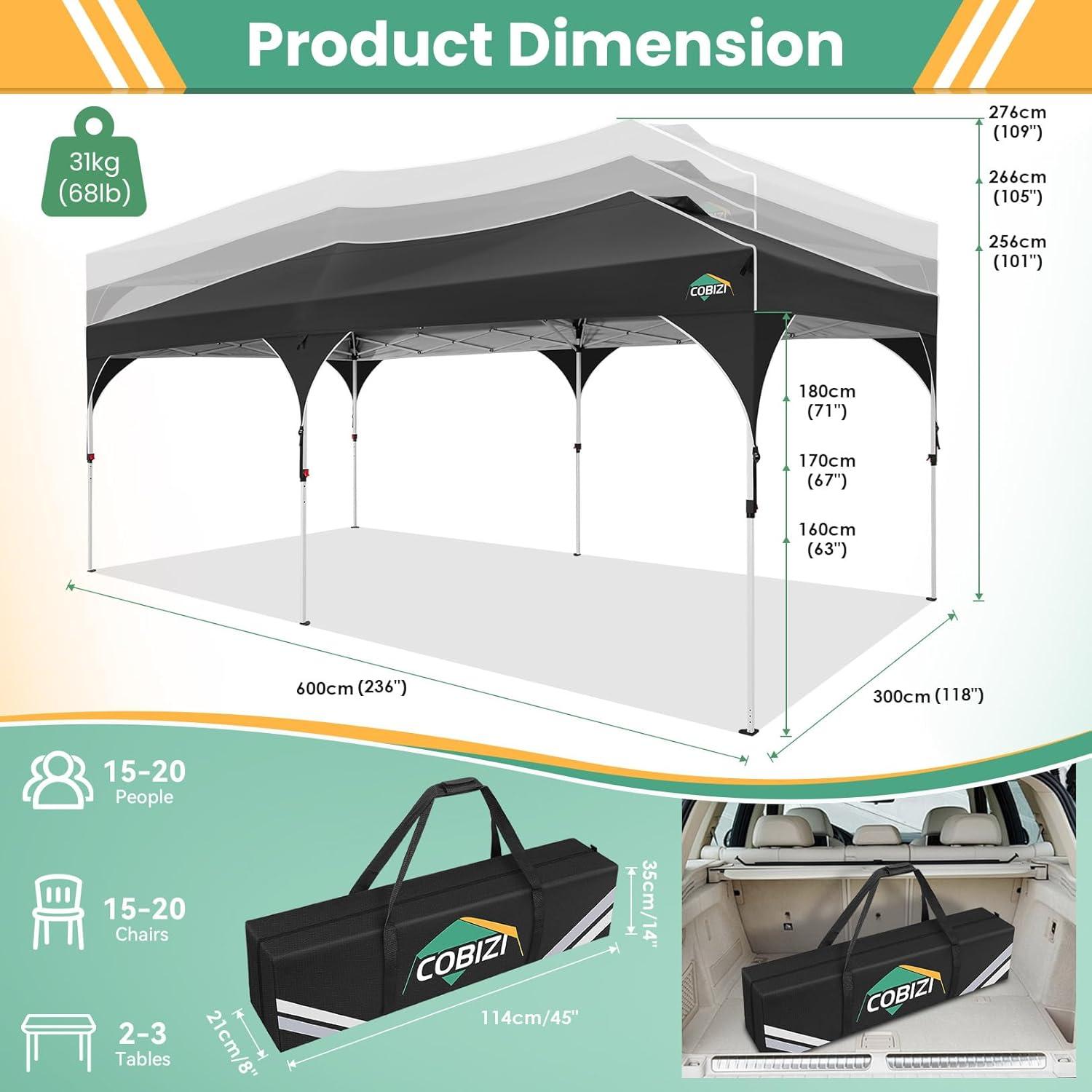 image:imageCOBIZI 10x20 Pop Up Canopy Tent with 4 Sidewalls Instant OnePush Setup Commercial Canopy with Air Vent amp Reflective Strip UPF 50 Waterproof Party Tent with Sandbags amp Stakes for Events BlackBlack